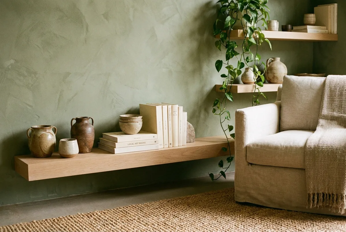 A styled vacation-home living corner with a sage plaster wall, oak shelving, ceramics and a linen armchair