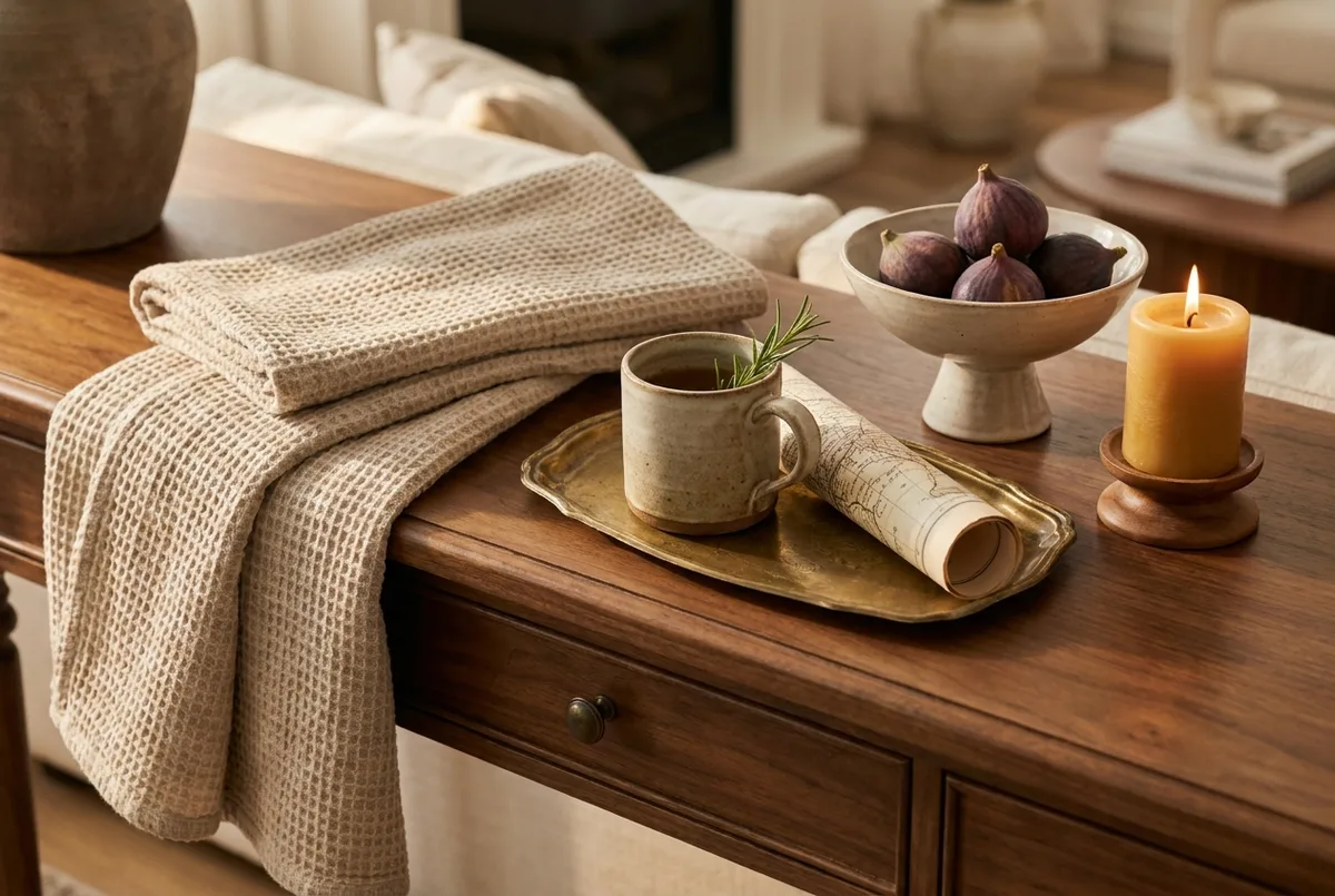 A host welcome vignette on a walnut console — a linen throw, a brass tray with a mug, a rolled local map and fresh figs