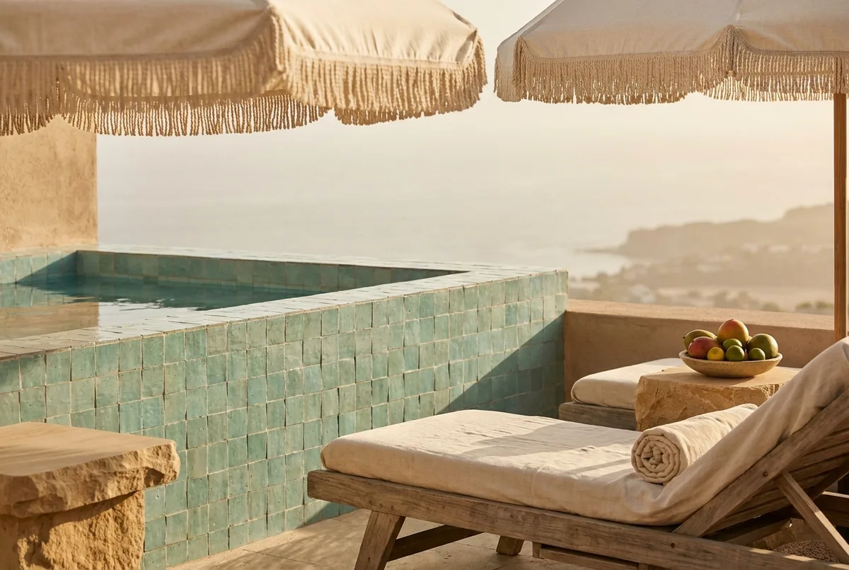 A resort suite terrace with a private plunge pool in aqua zellige tile, a teak sun-lounger and sea haze beyond