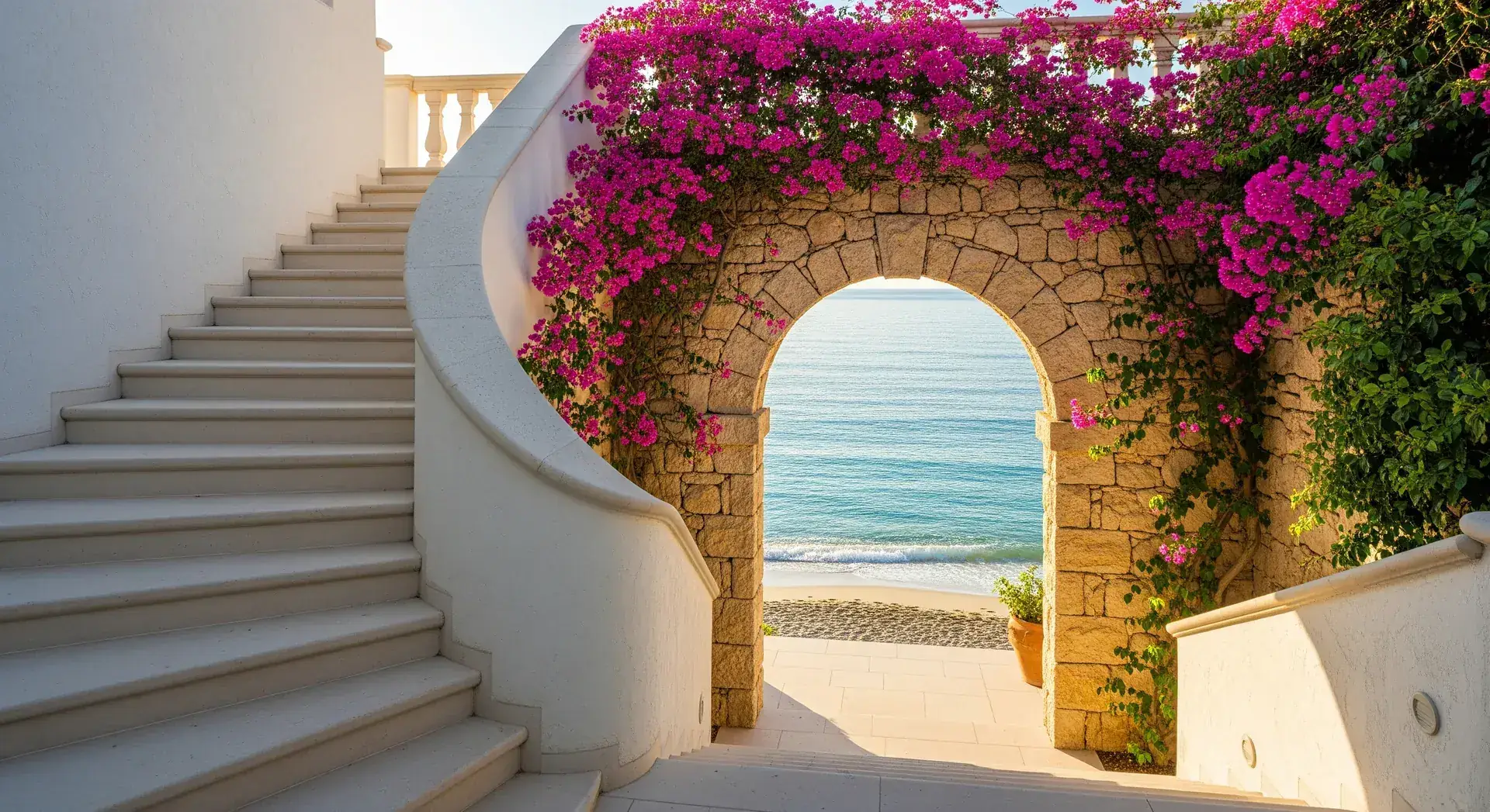 Grand white villa staircase curving down through a stone arch to a private beach — each step opens the next