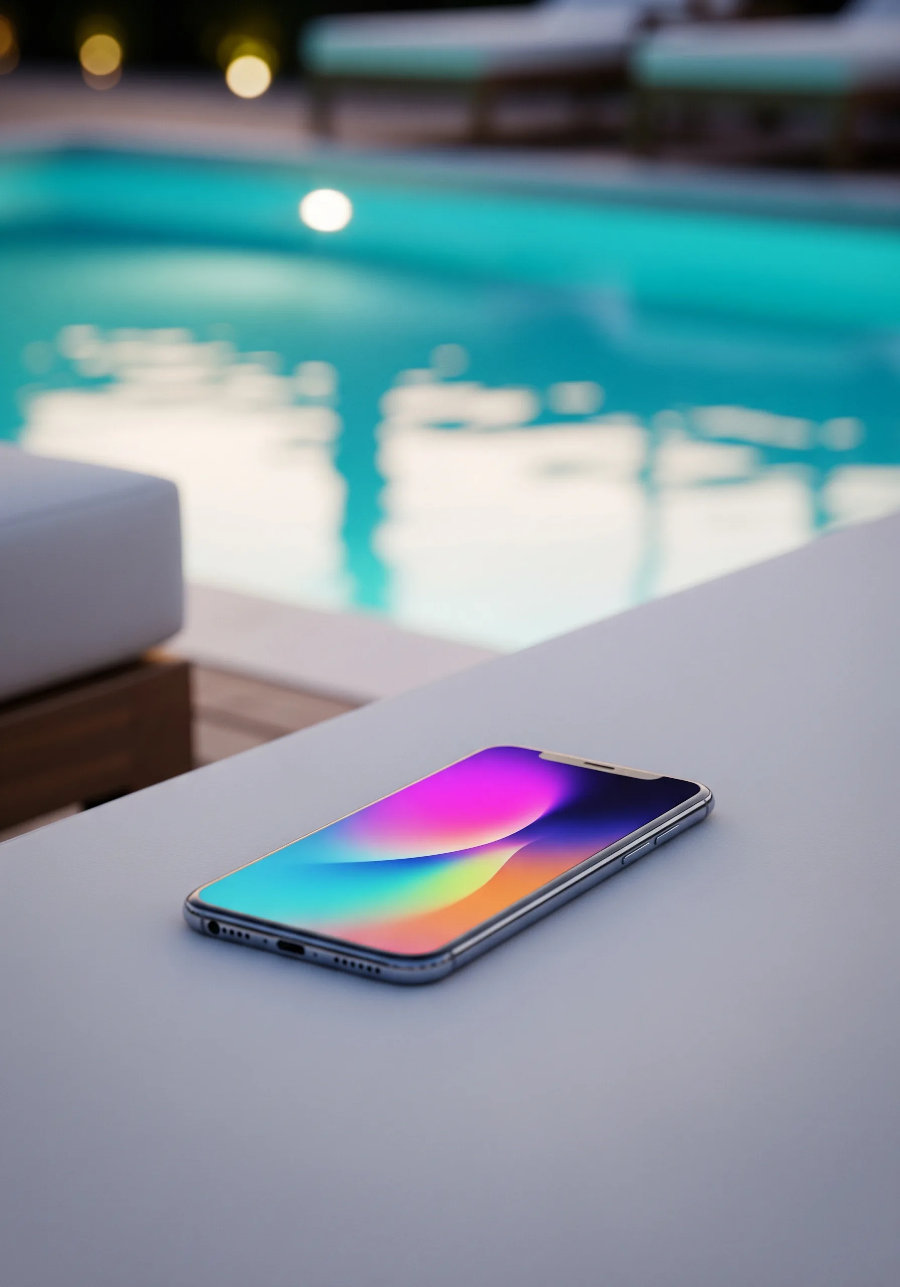 Smartphone glowing on a pool lounge chair at dusk — where trip planning happens now