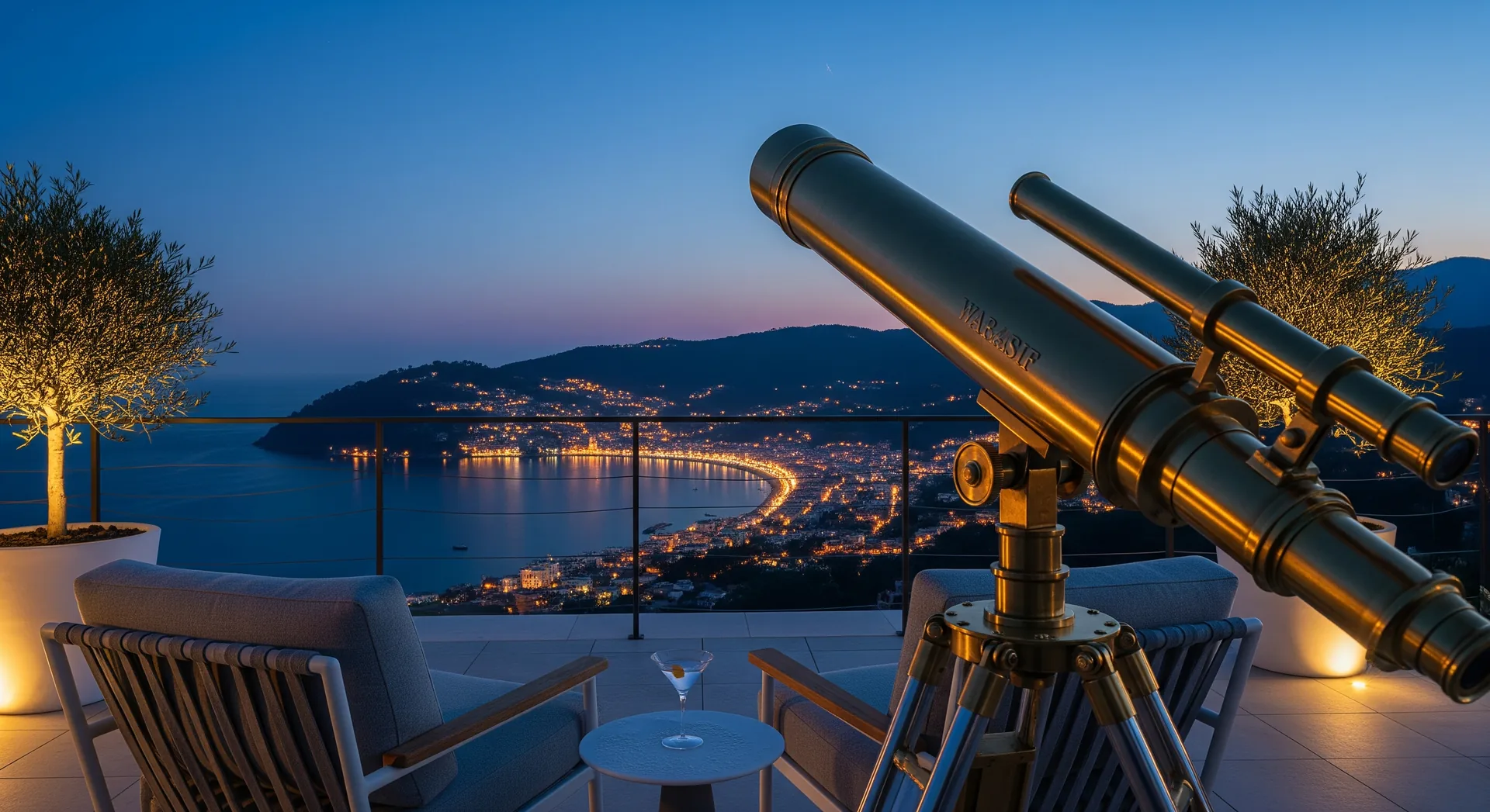 Brass telescope on a boutique hotel rooftop at blue hour — visibility is the whole game