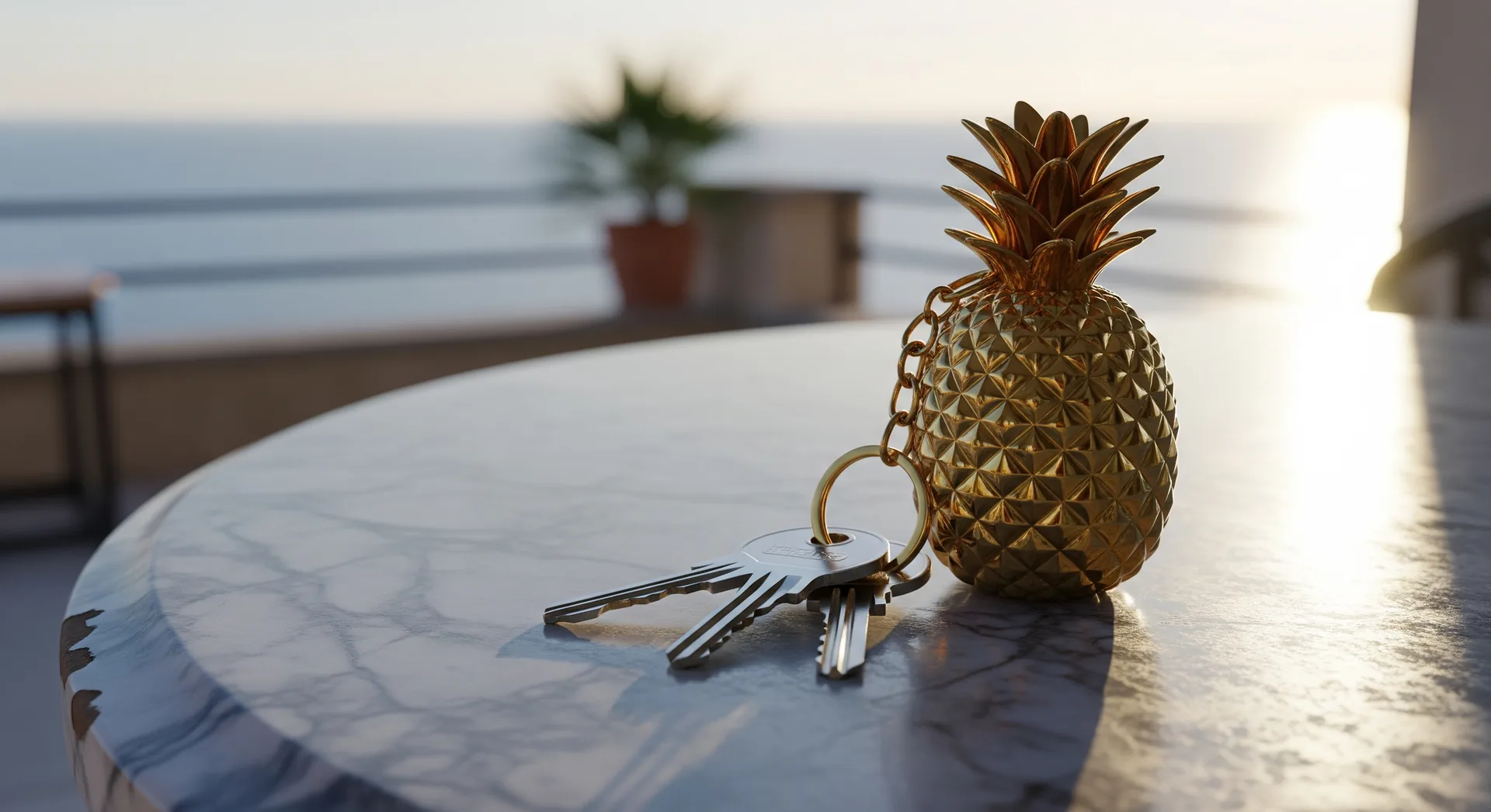 House keys with an oversized golden pineapple keychain on a marble table, sea-view terrace behind — the welcome the listing promises