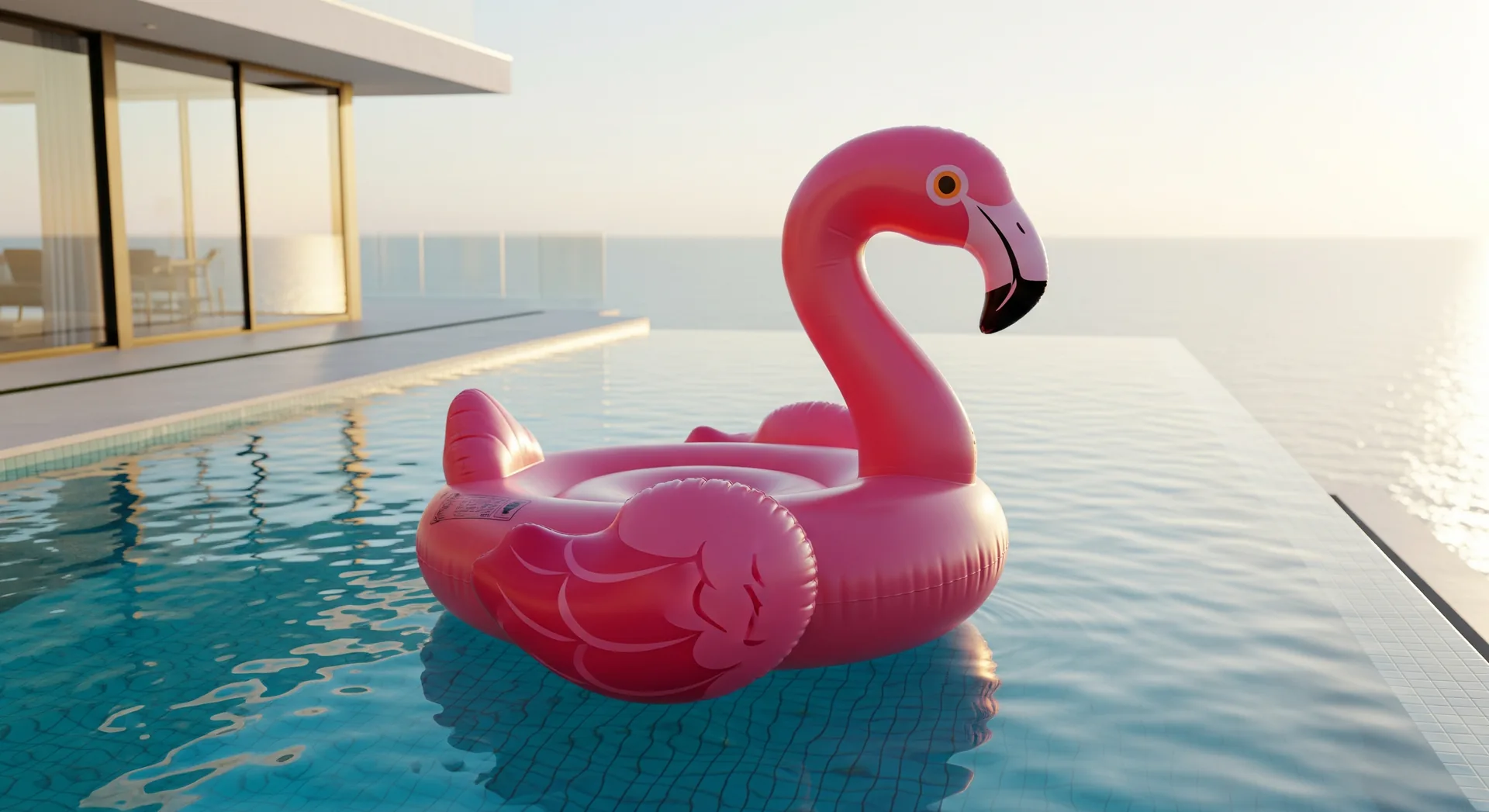 Flamingo pool floaty drifting in a villa infinity pool at golden hour — the bookings that organic search keeps sending
