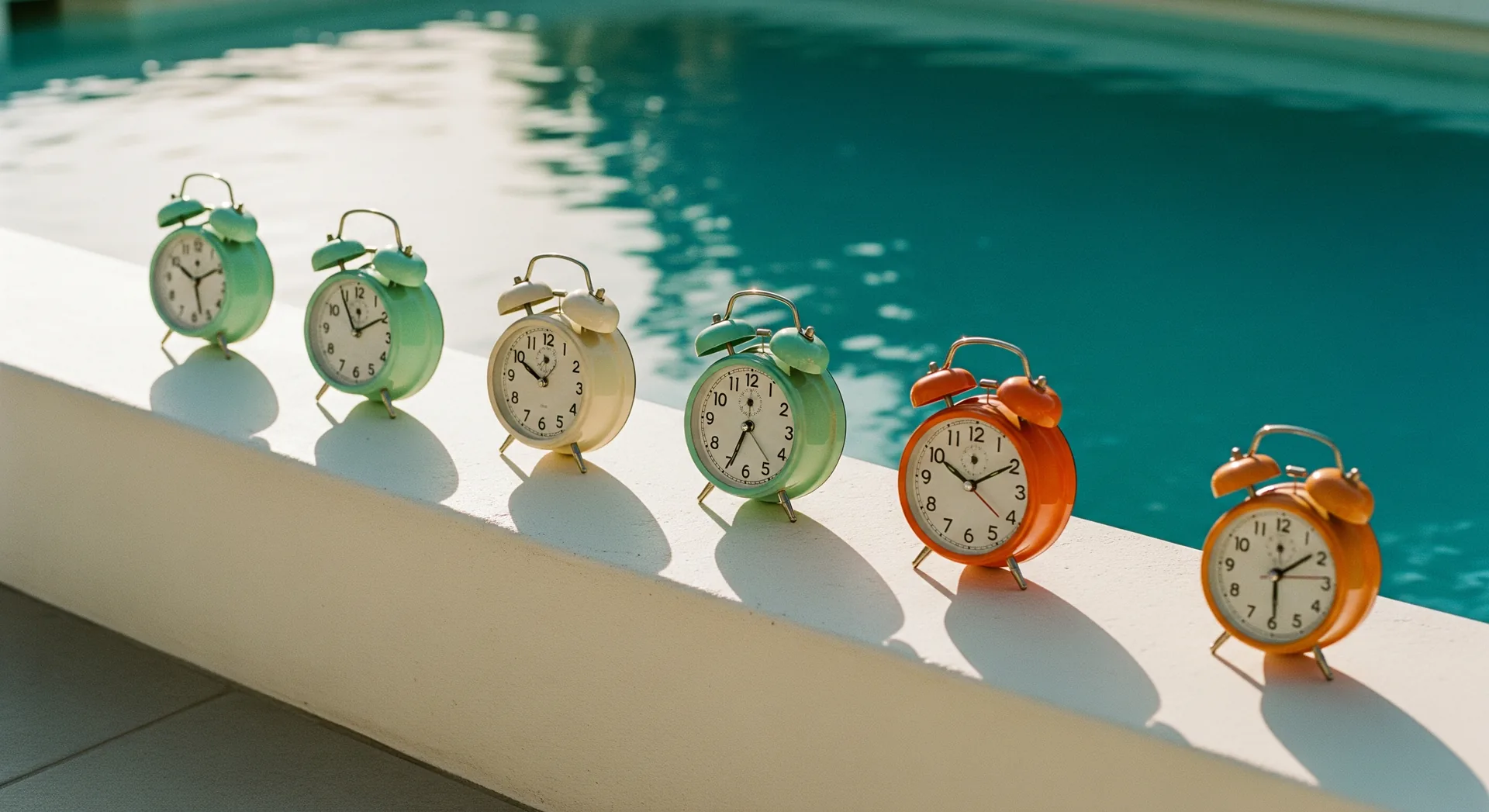 Row of colorful vintage alarm clocks lined up on a white pool deck ledge at golden hour — the same time, every single day