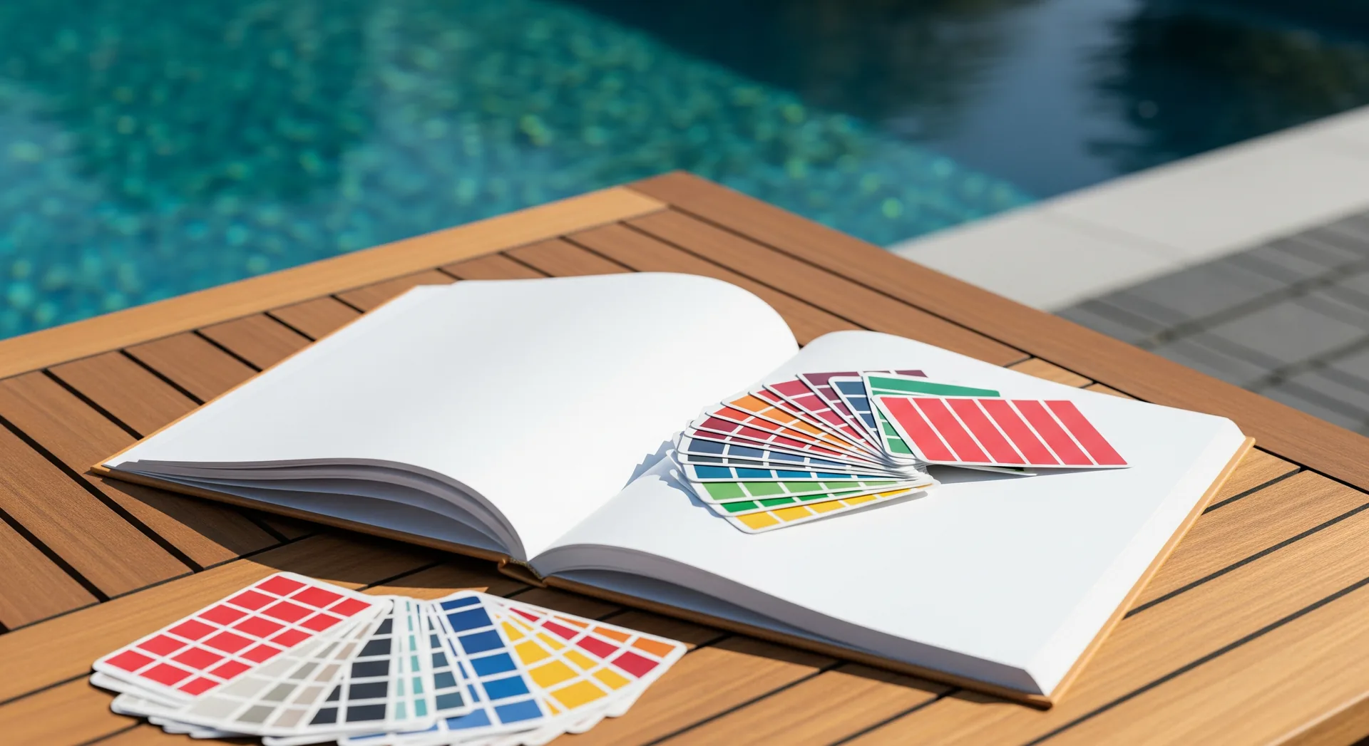 Open hardcover brand book on a teak poolside table with color chips fanned across its pages