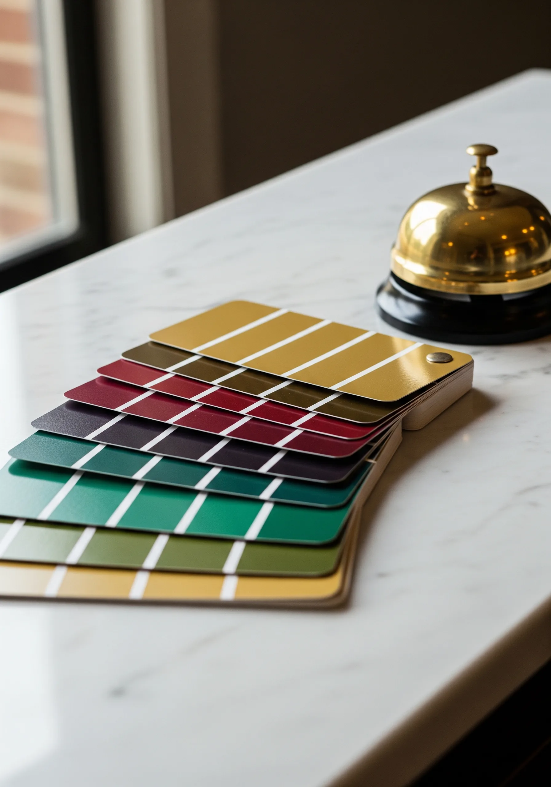 Paint swatches in emerald, burgundy, and gold fanned beside a brass hotel bell on marble — a palette chosen to earn a premium