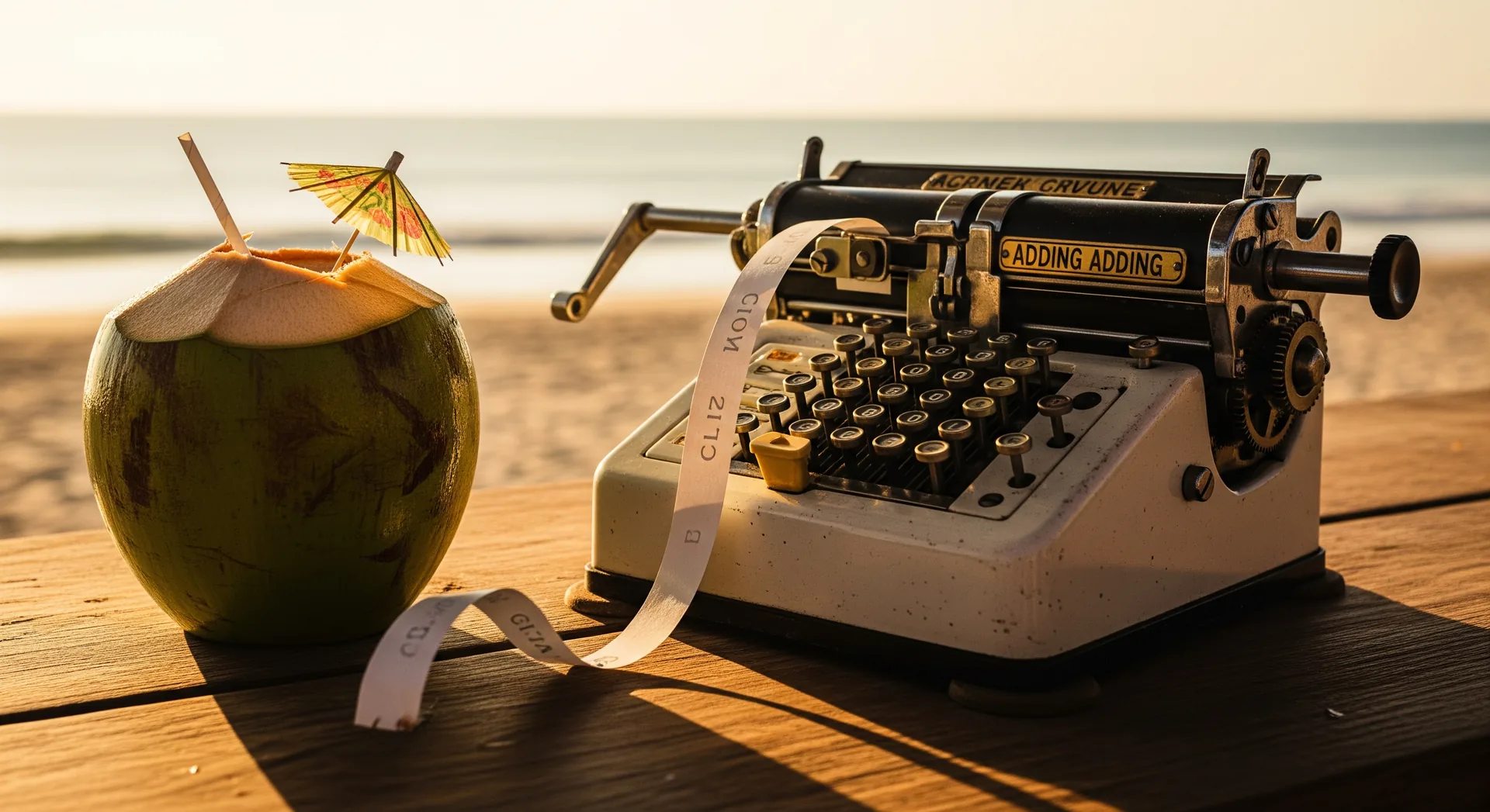 Vintage mechanical adding machine on a beach bar counter beside a coconut cocktail, paper tape curling out