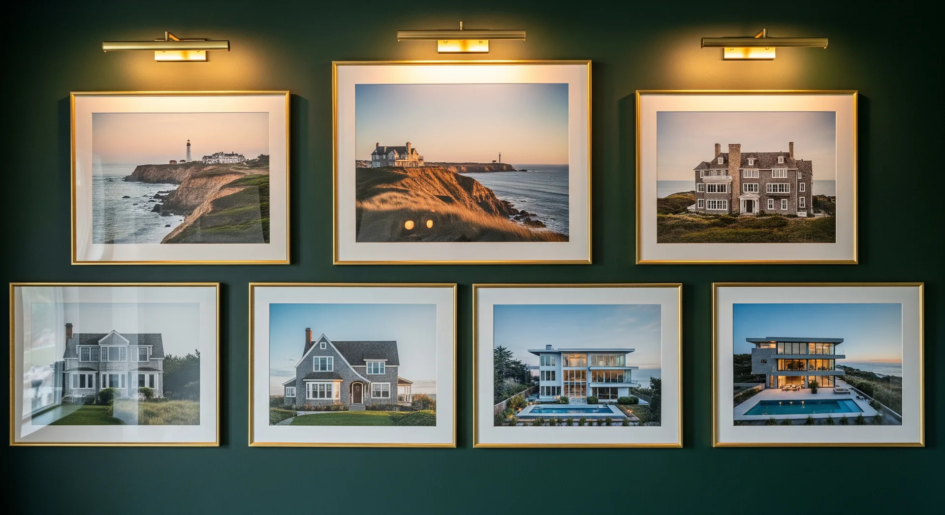 A gallery wall of brass-framed photographs of coastal properties and interiors, hung salon-style against a deep burgundy wall