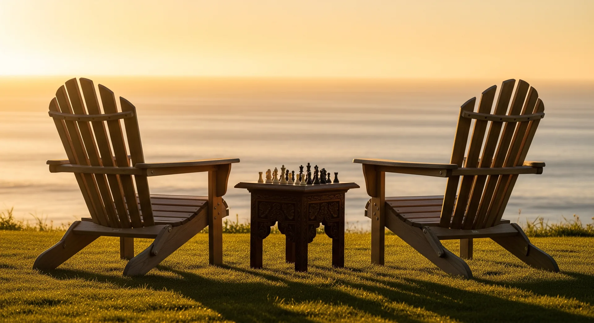Chess table set between two Adirondack chairs facing the ocean at golden hour — vacation rental strategy planned move by move