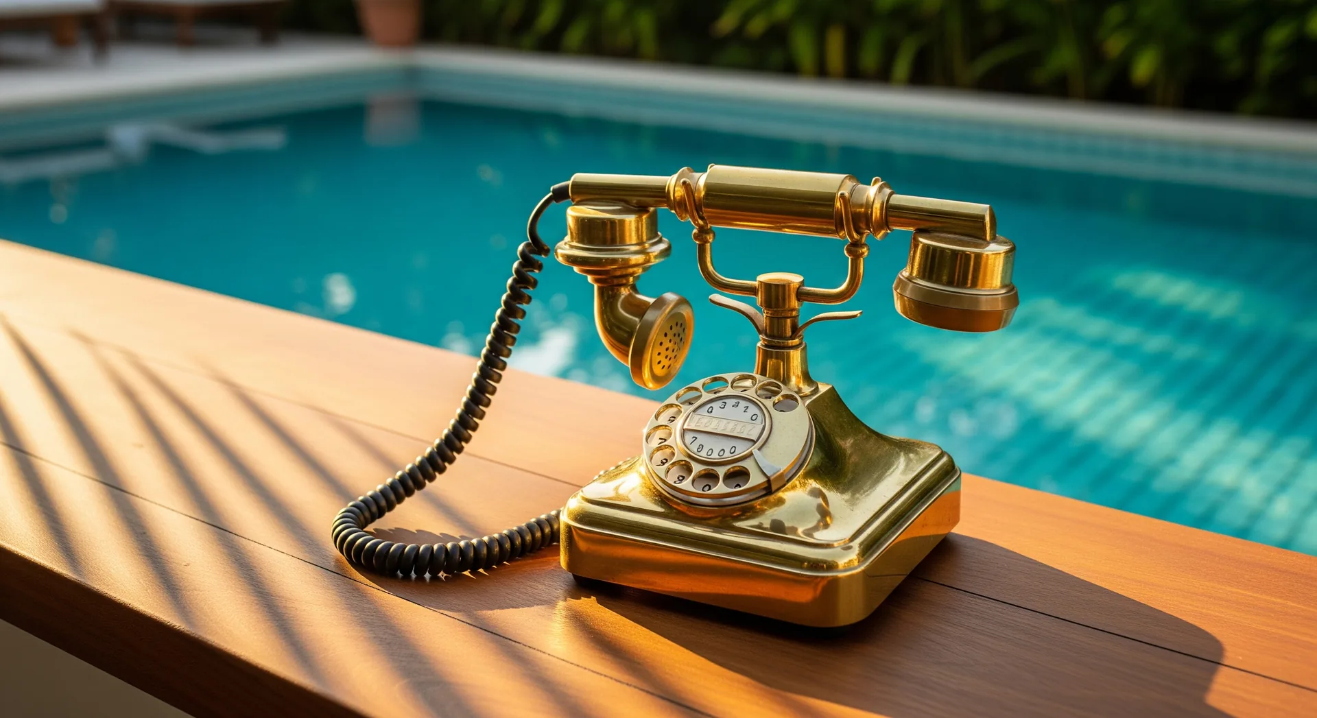 A brass rotary telephone on a poolside bar