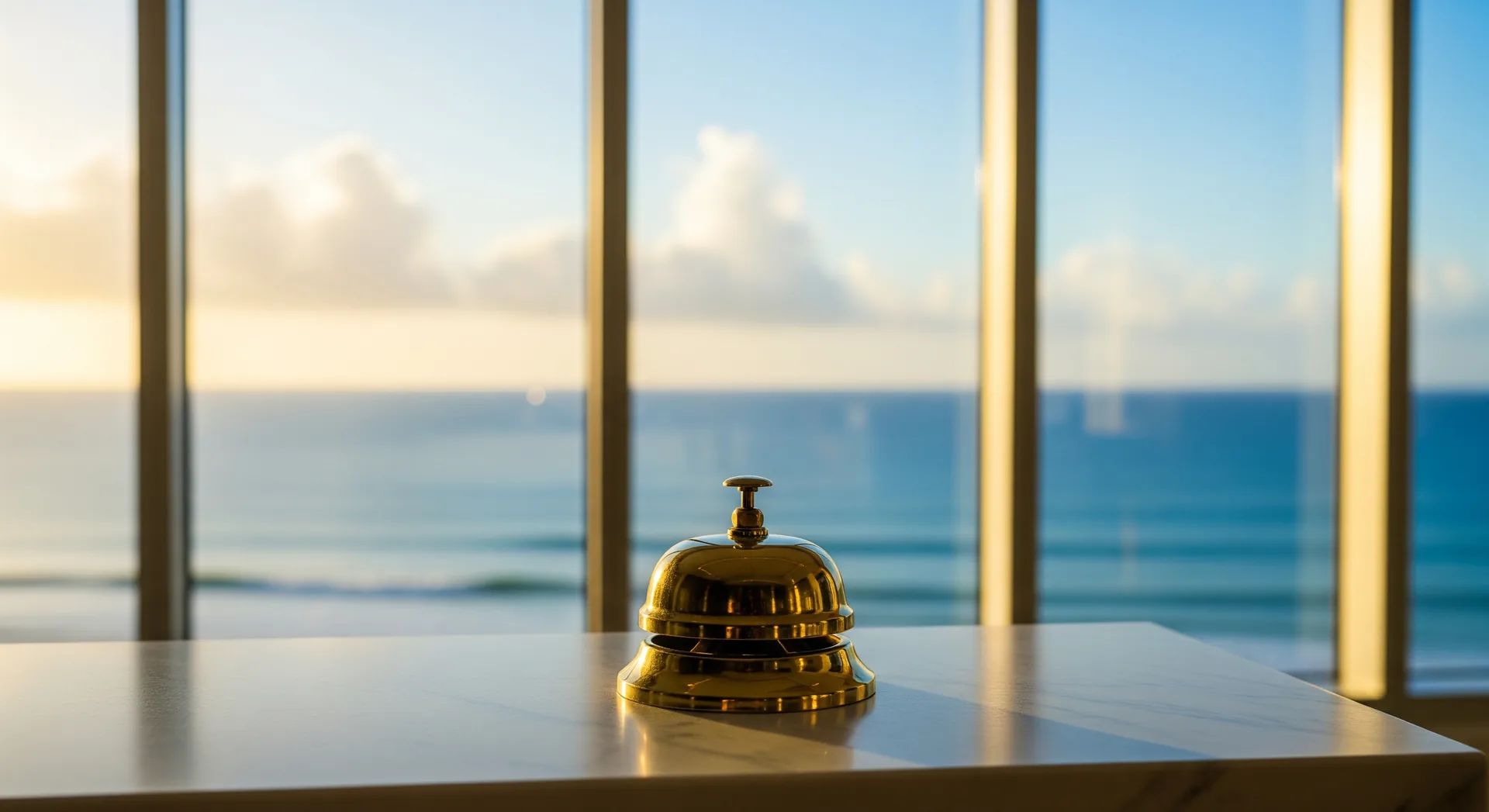Polished brass reception bell on a marble desk in front of an ocean-view window — the front desk your property owns
