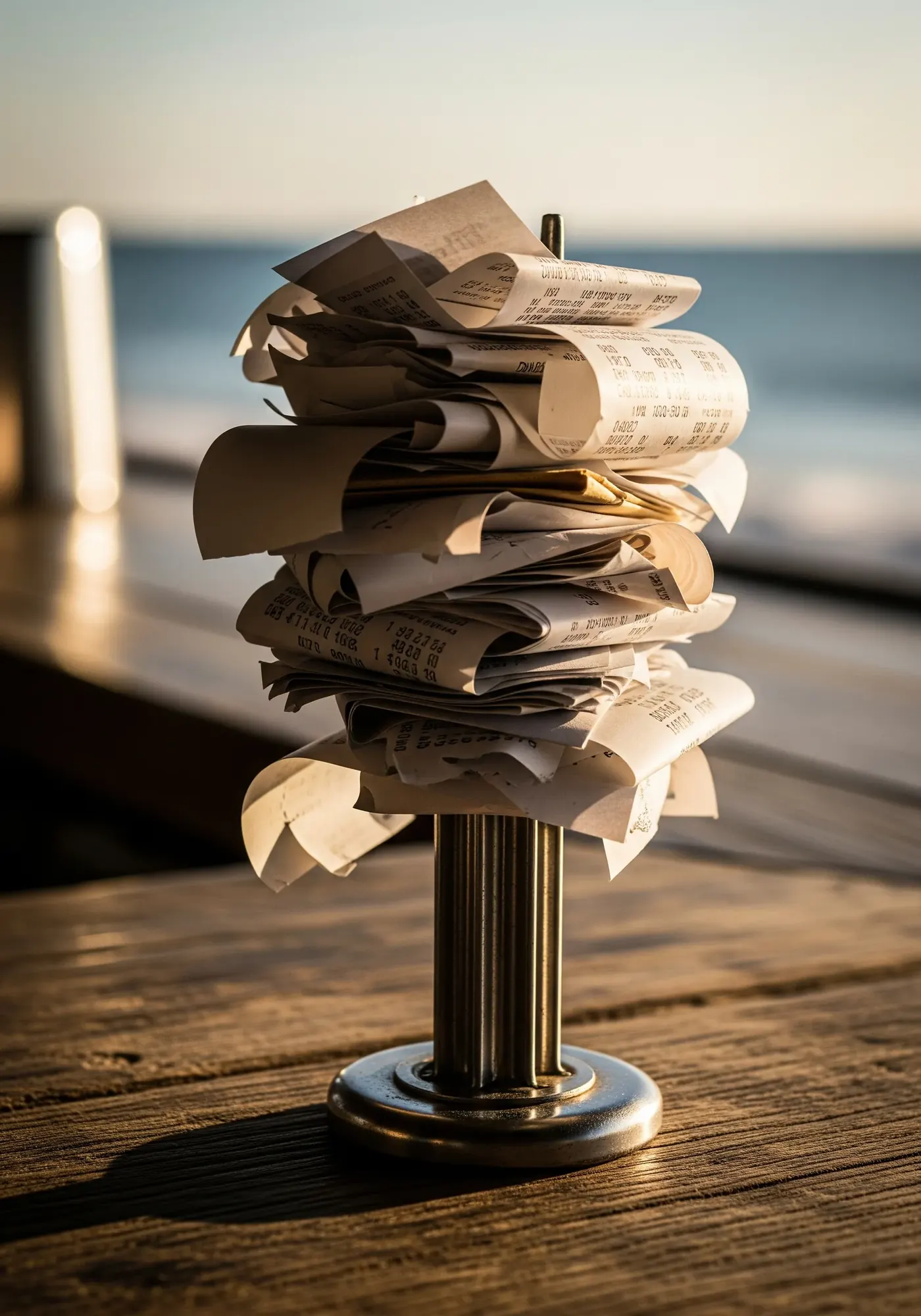 Metal receipt spike stacked with paper receipts on a rustic beach bar counter with the ocean behind