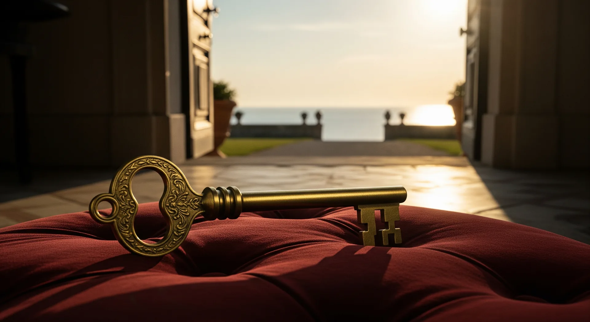 An oversized golden key resting against a deep velvet door — the start of an engagement with Cavmir