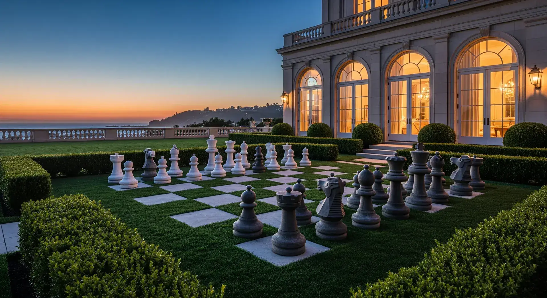 Giant chess set on the lawn of a coastal estate at dusk — a full-system engagement is a strategic commitment