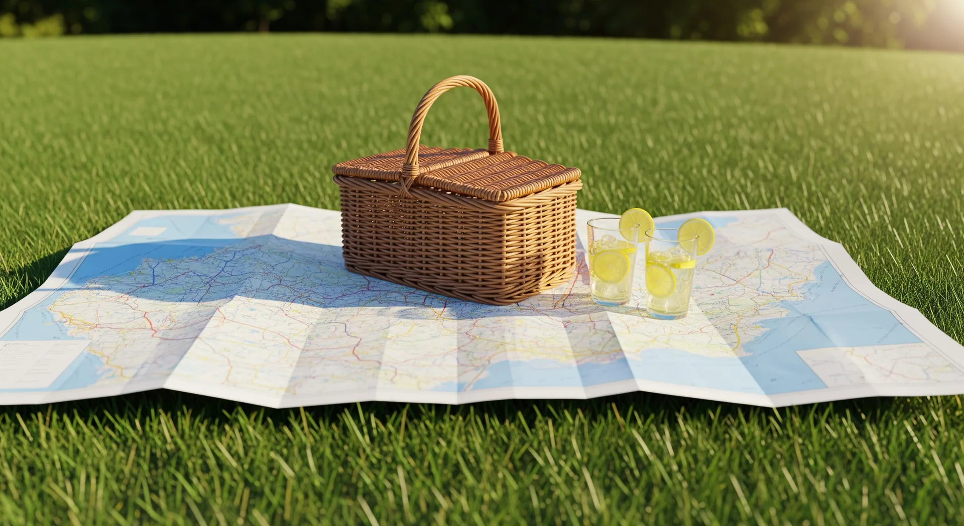 Giant road map spread across a lawn like a picnic blanket — local search puts your vacation rental on the map guests actually use