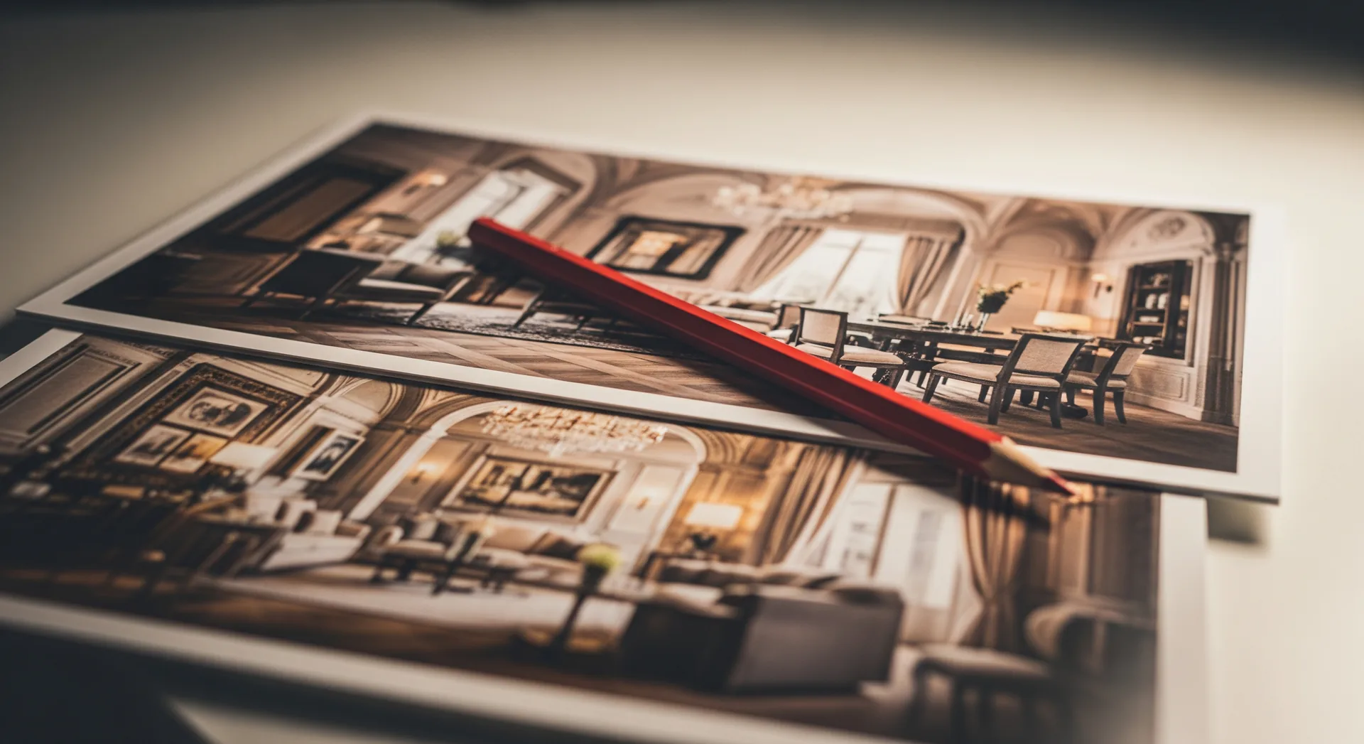 Red grading pencil resting on a stack of printed photographs of styled vacation rental interiors