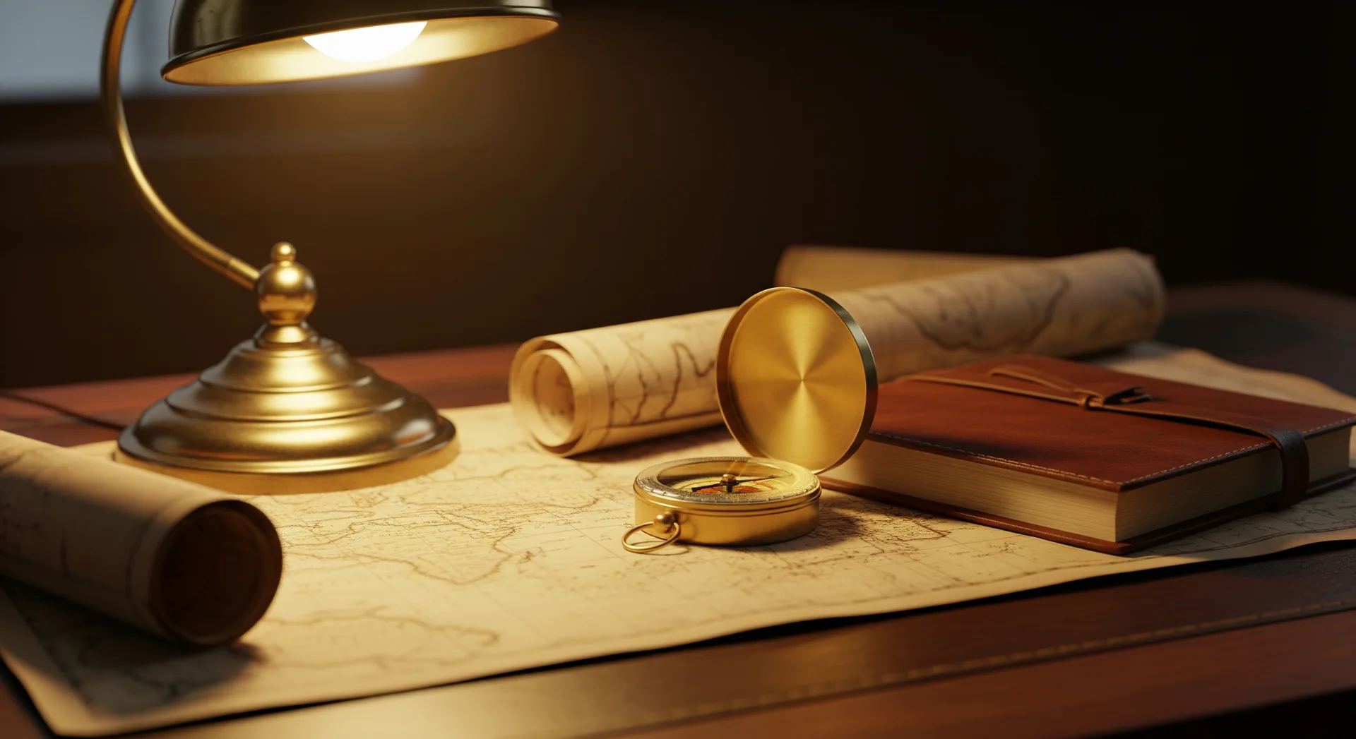 Rolled parchment maps, a leather journal, and a brass compass on a wooden captain's desk in warm lamp light