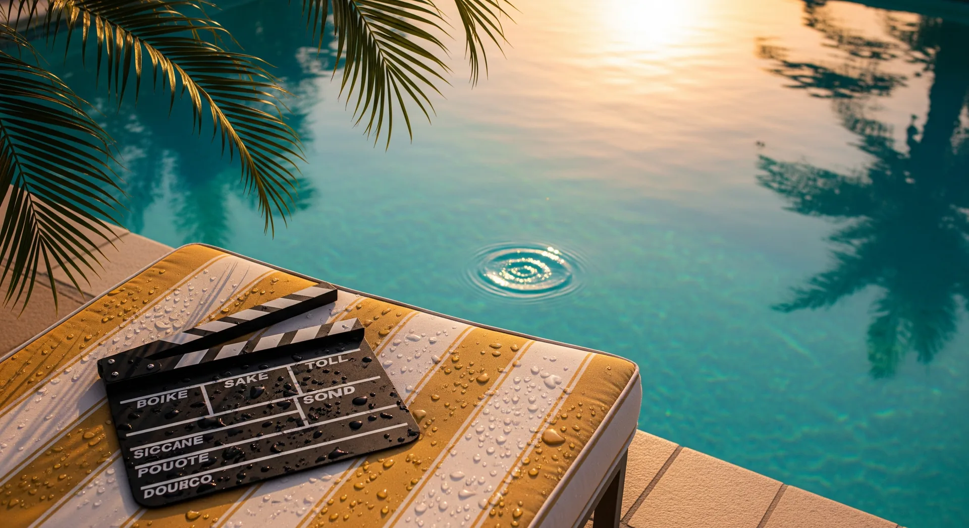 Film clapperboard resting on a striped lounge chair beside a turquoise pool — influencer content production for vacation rentals