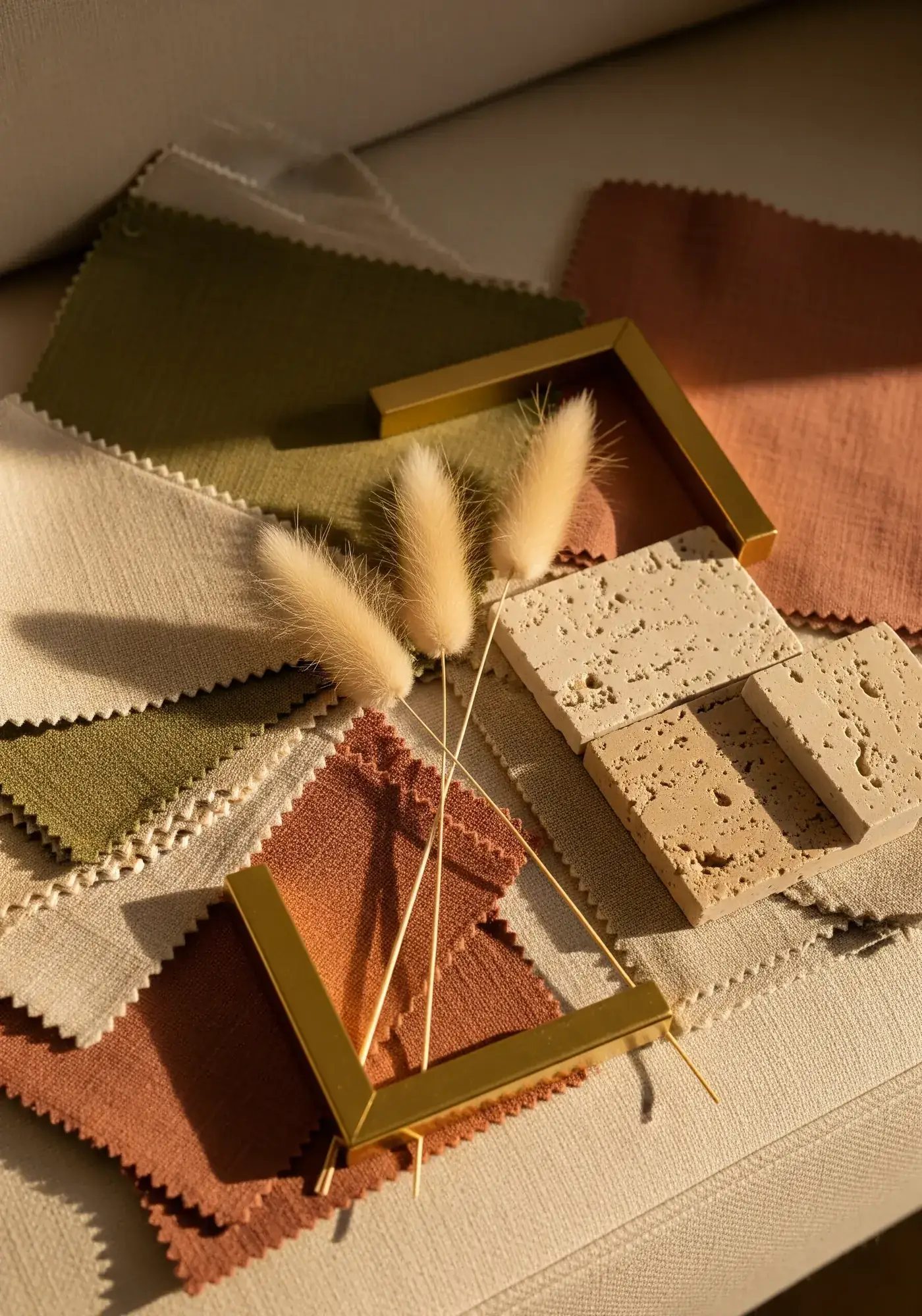 Interior design mood board with linen swatches, pampas grass, brass corners, and travertine samples on a cream sofa