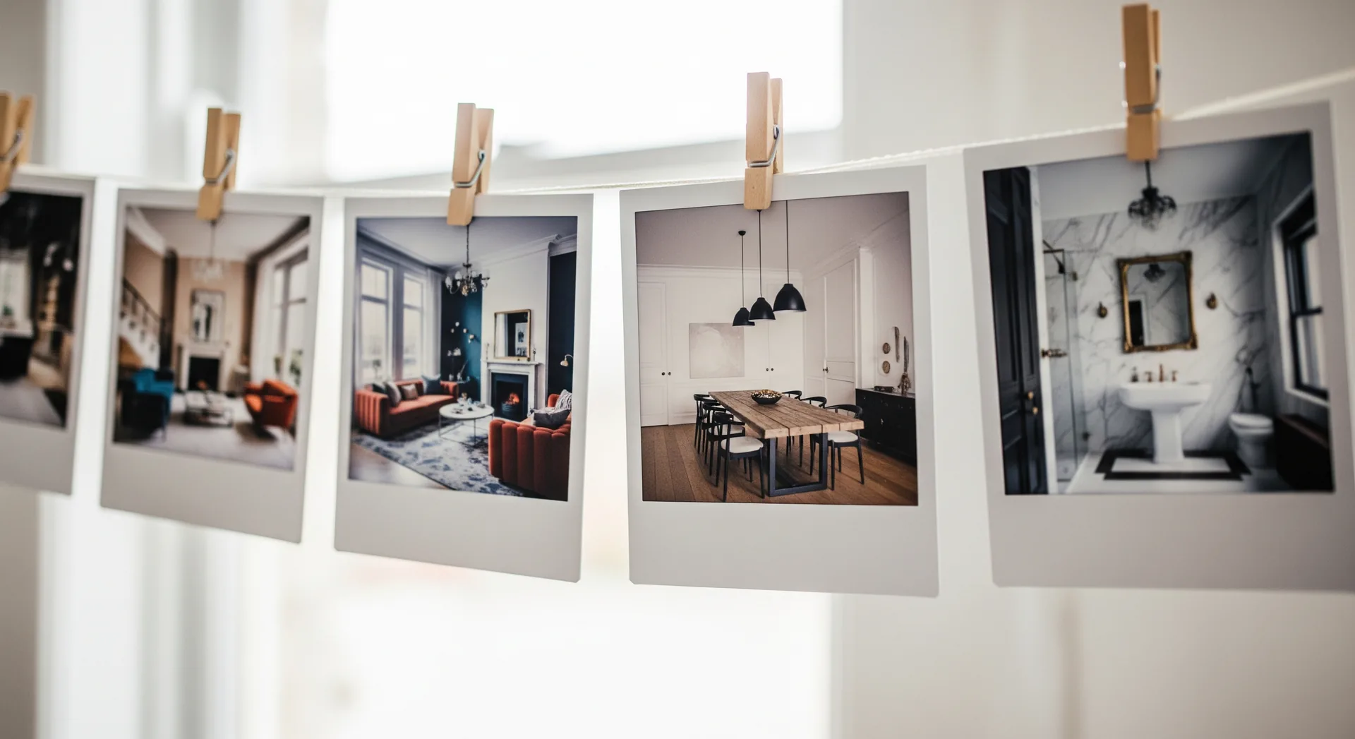 Instant photos of beautiful interiors hanging on a wire with wooden clips — choosing the shots that earn the tap