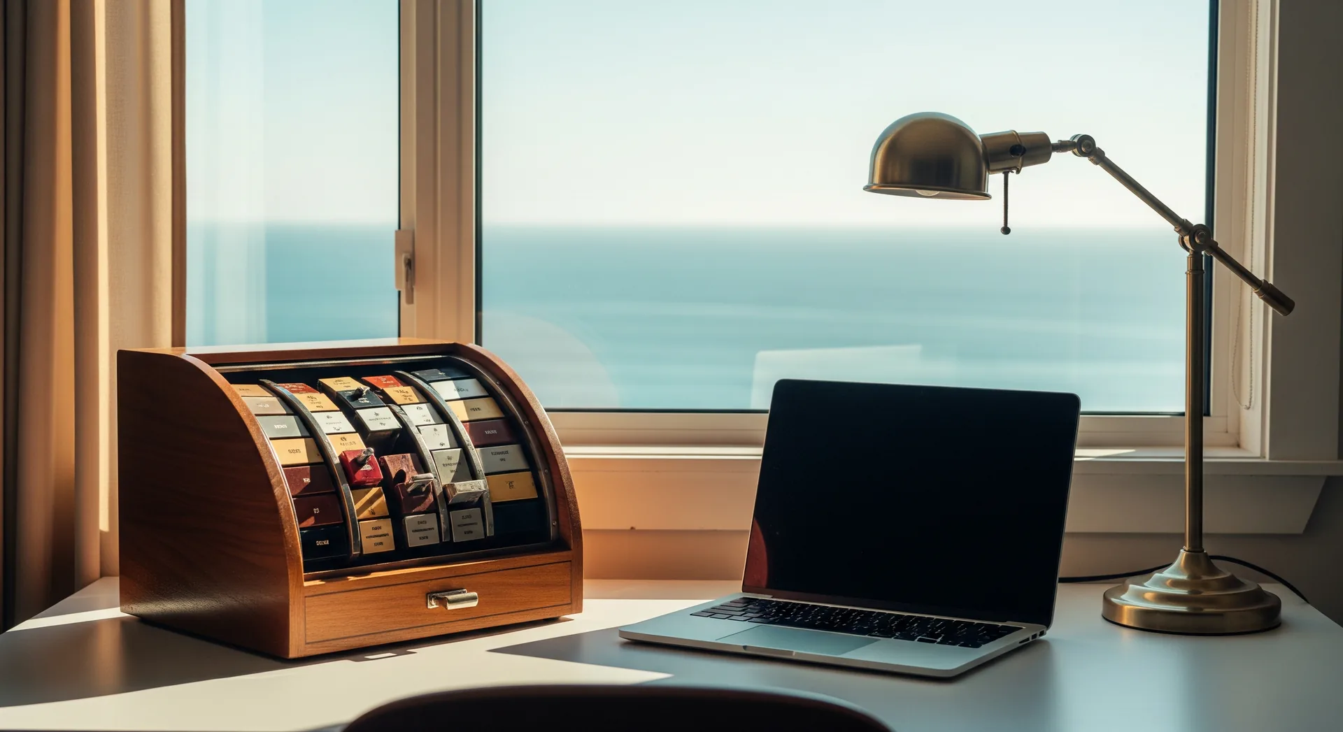 Retro wooden rolodex beside a modern laptop at an ocean-view desk — the old contact book and the back office that replaced it