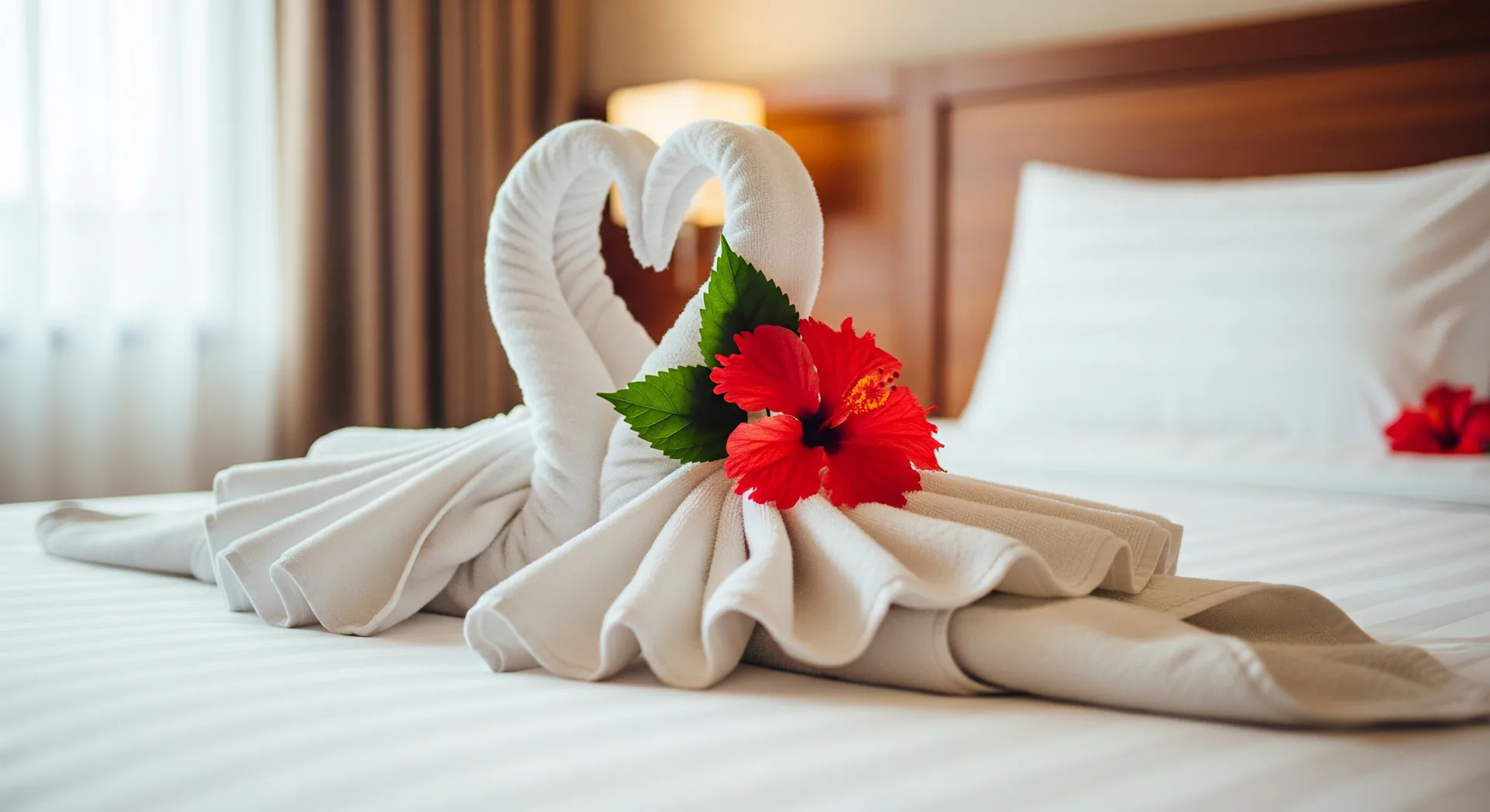 Folded towel swan with a red hibiscus on a crisp white hotel bed — staged for the stay and the camera