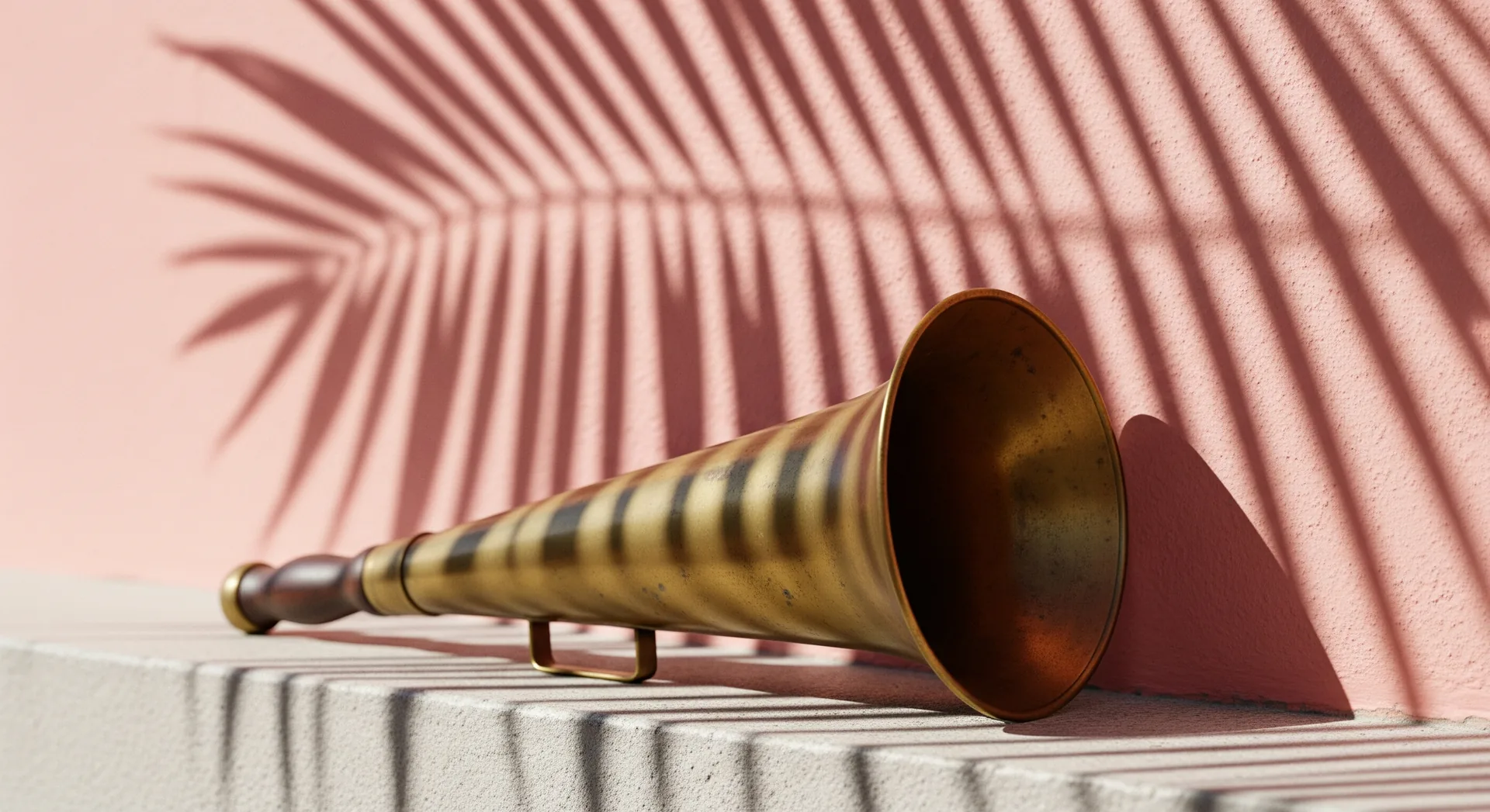 Vintage brass megaphone against a pastel pink wall with palm shadows — paid advertising that carries your property to the right guest