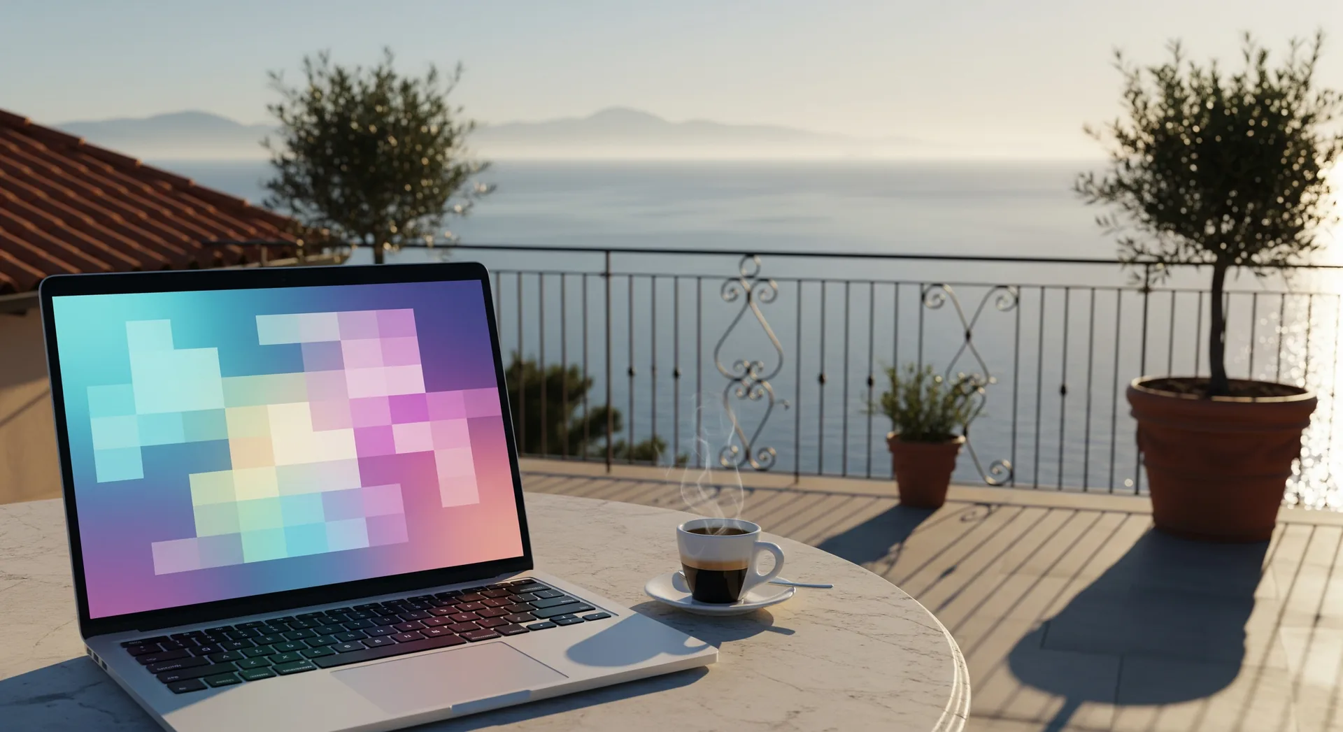 Laptop on a terrace at dusk showing a booking calendar — the demand layer Cavmir builds for brokers and administrators