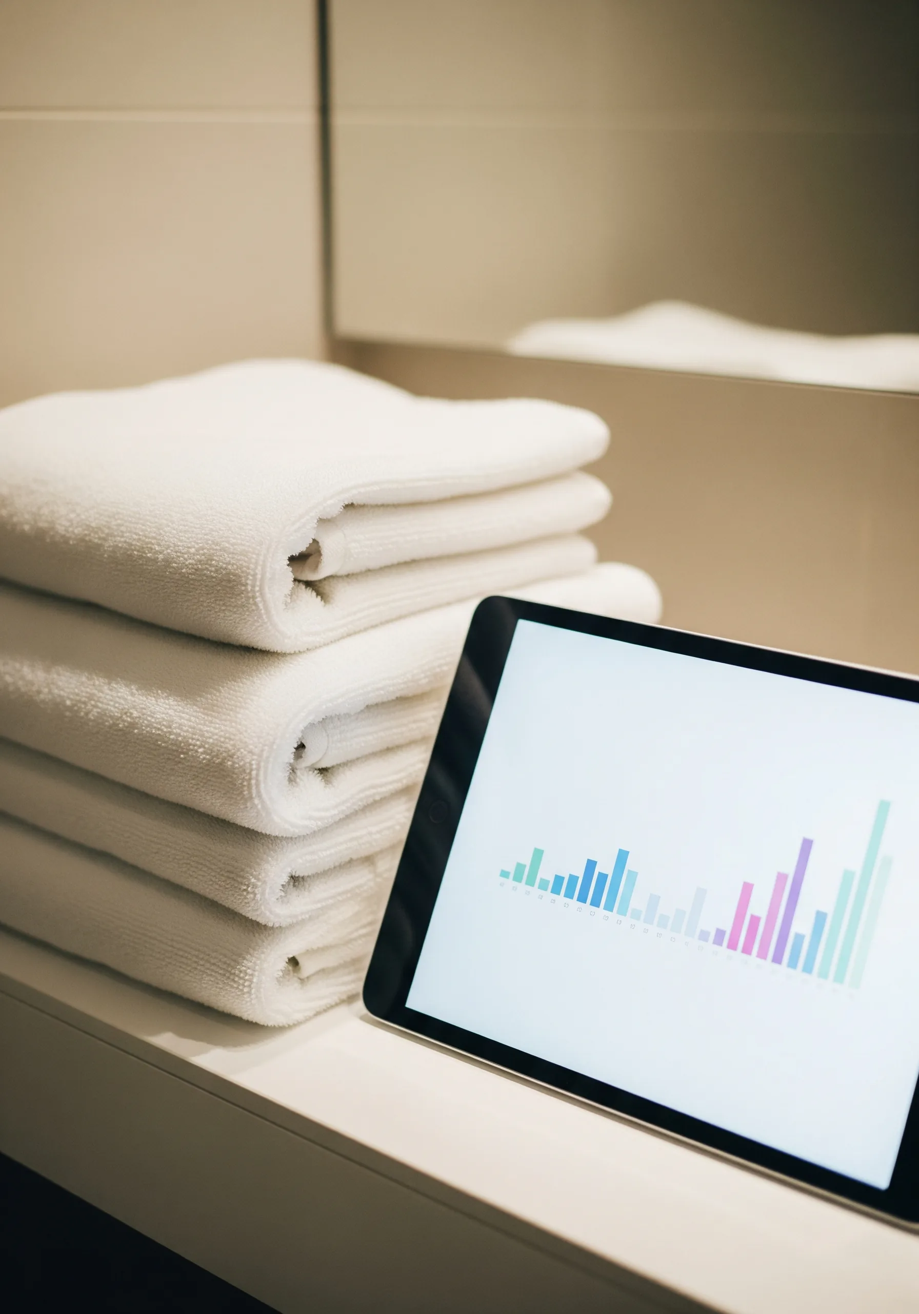 Tablet resting on a stack of folded towels showing a guest-messaging dashboard — automation ready for the demand to arrive