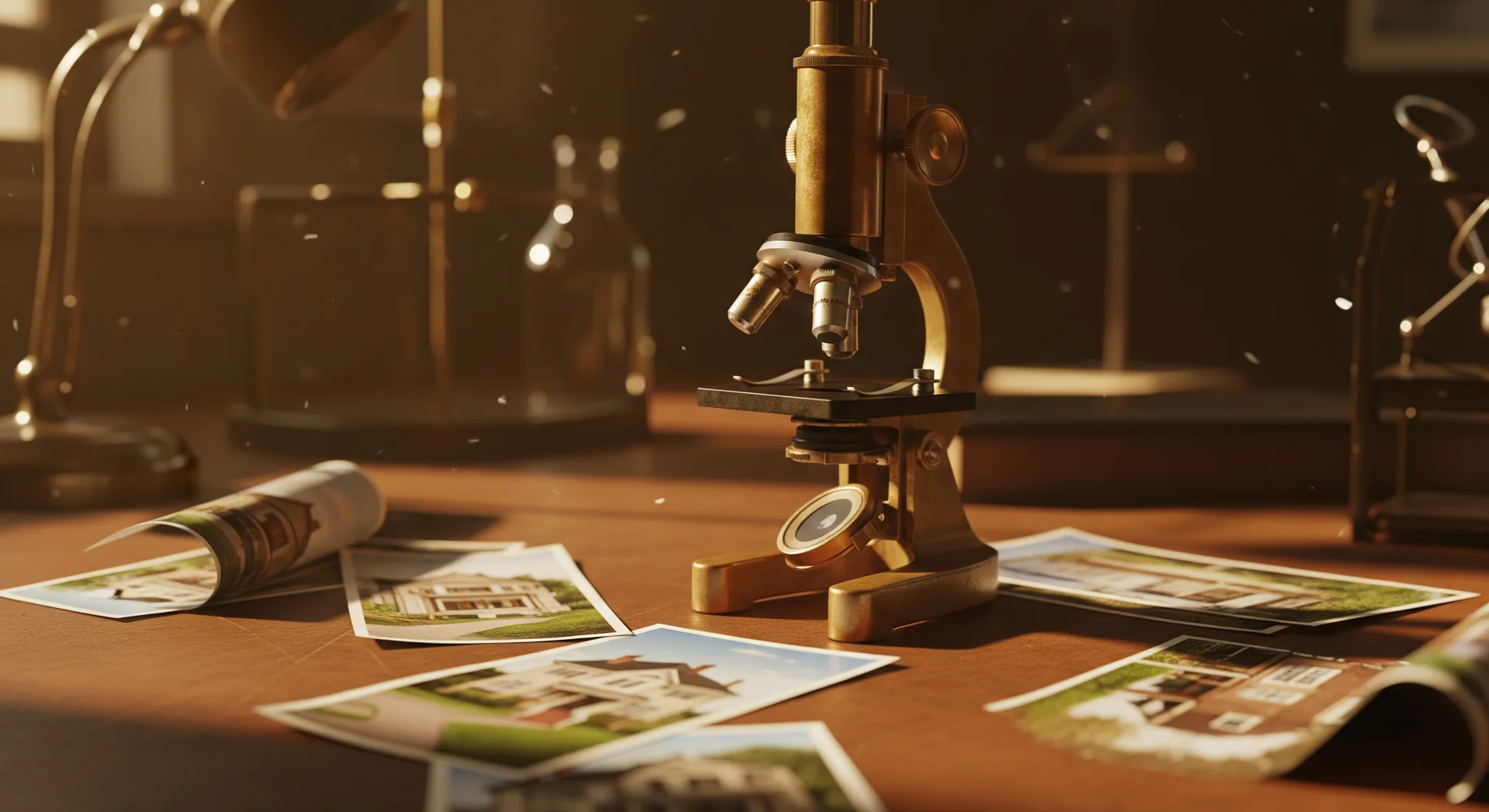 Brass microscope positioned over scattered printed photographs of houses on a laboratory desk