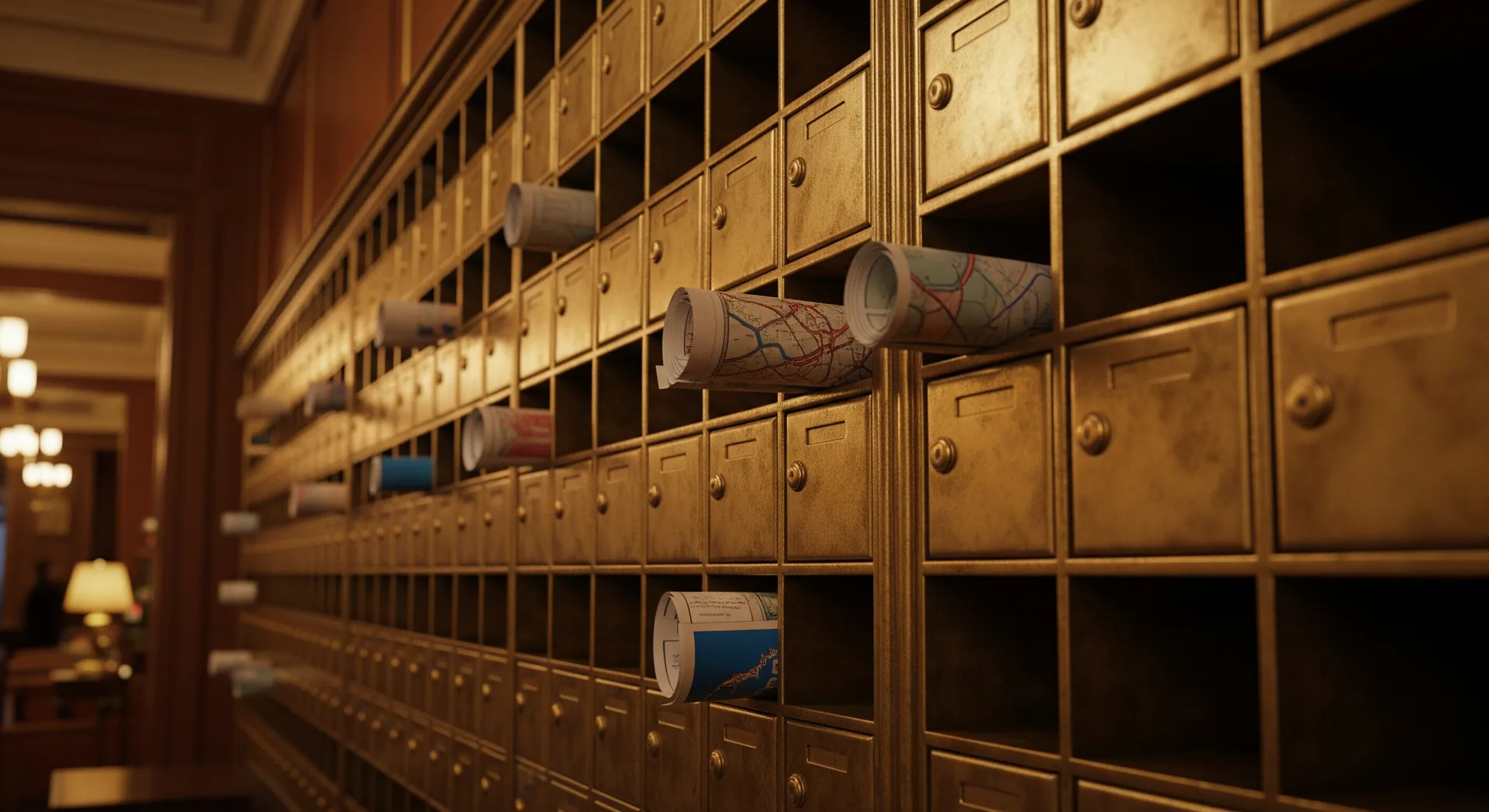 Wall of brass hotel mail cubbies holding rolled maps and travel guides in warm lobby light