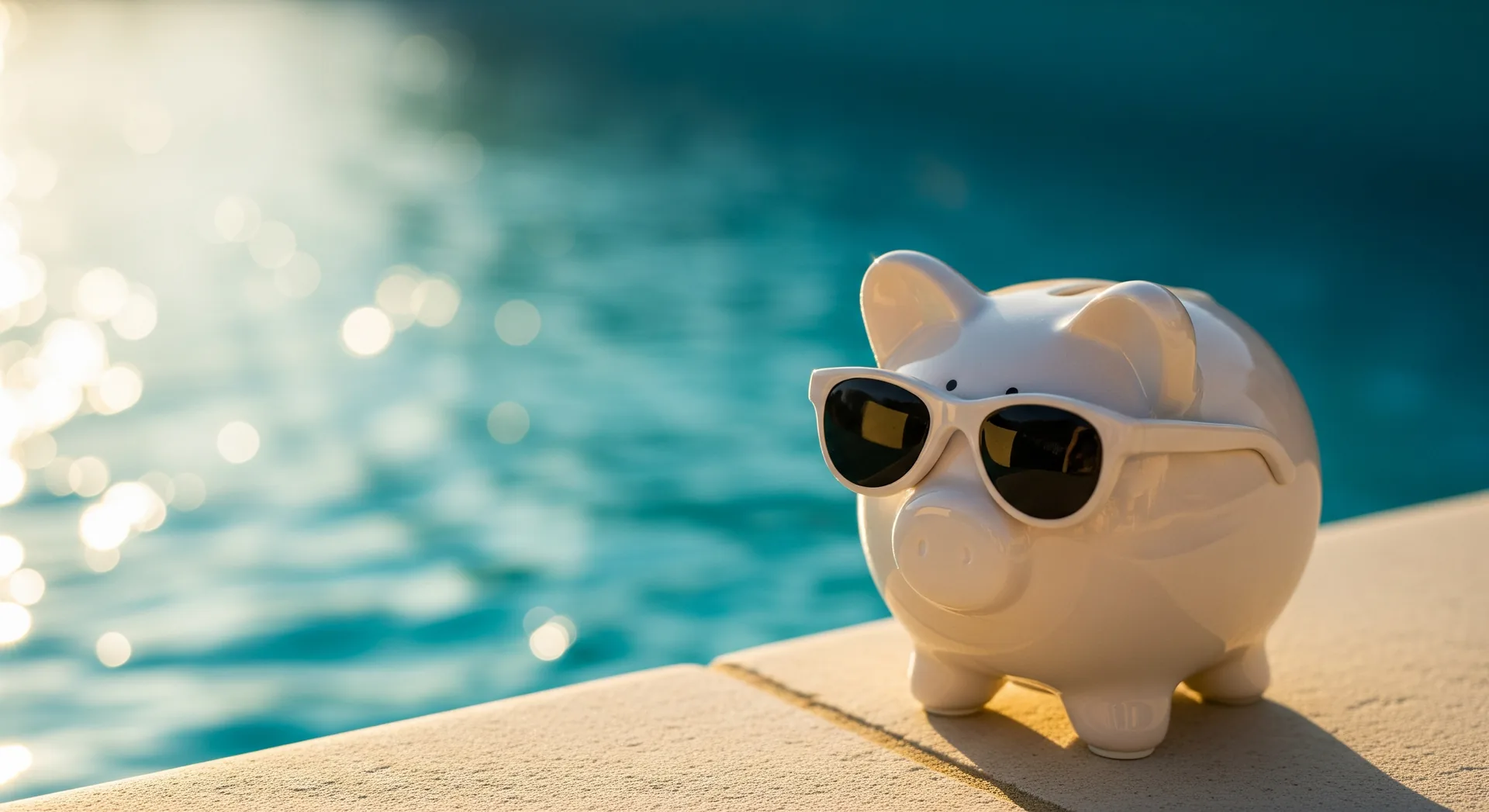 Ceramic piggy bank wearing tiny sunglasses on a pool ledge with turquoise water behind