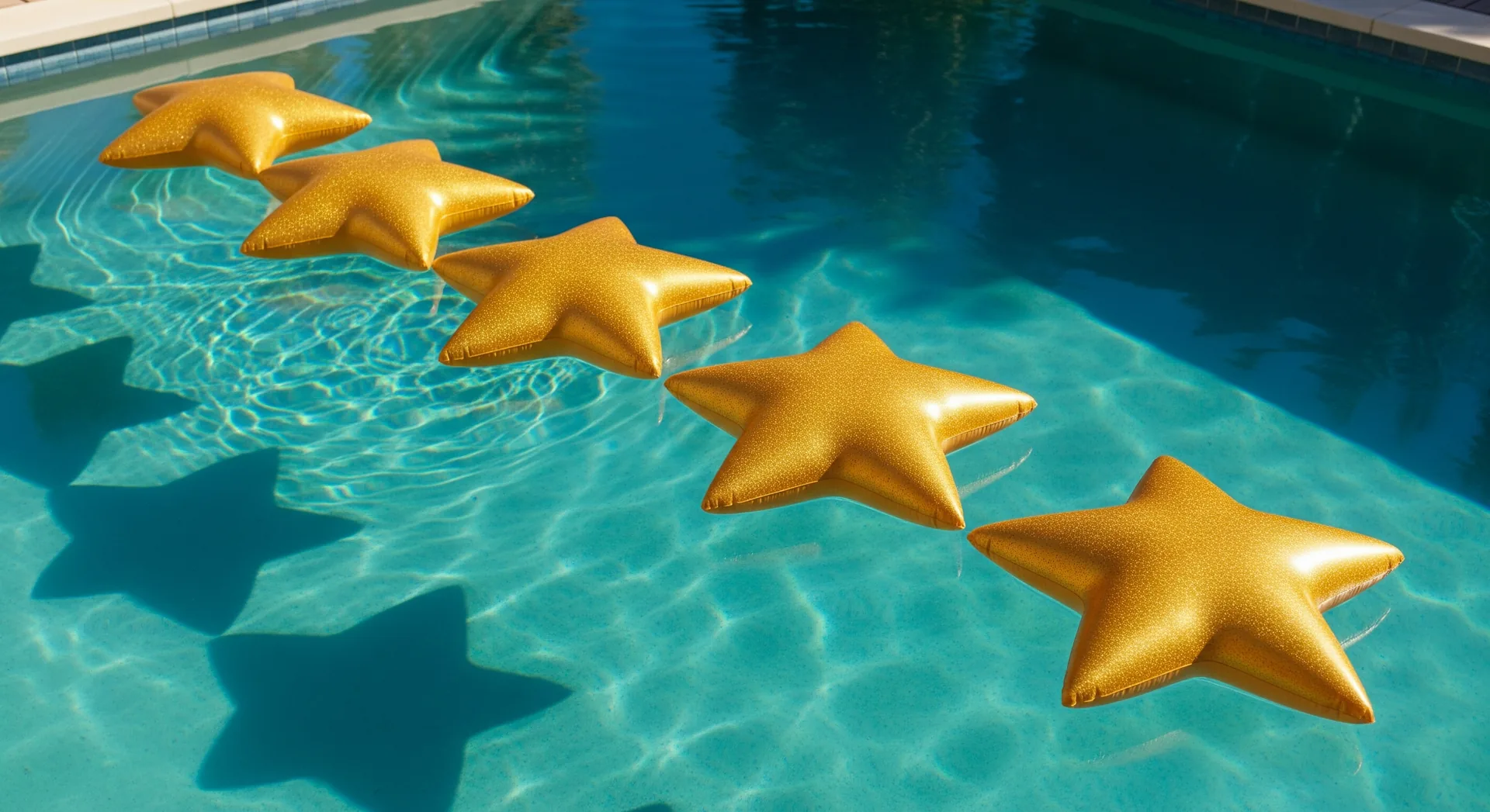 Five star-shaped inflatable floats drifting across a bright pool — a playful nod to five-star reviews