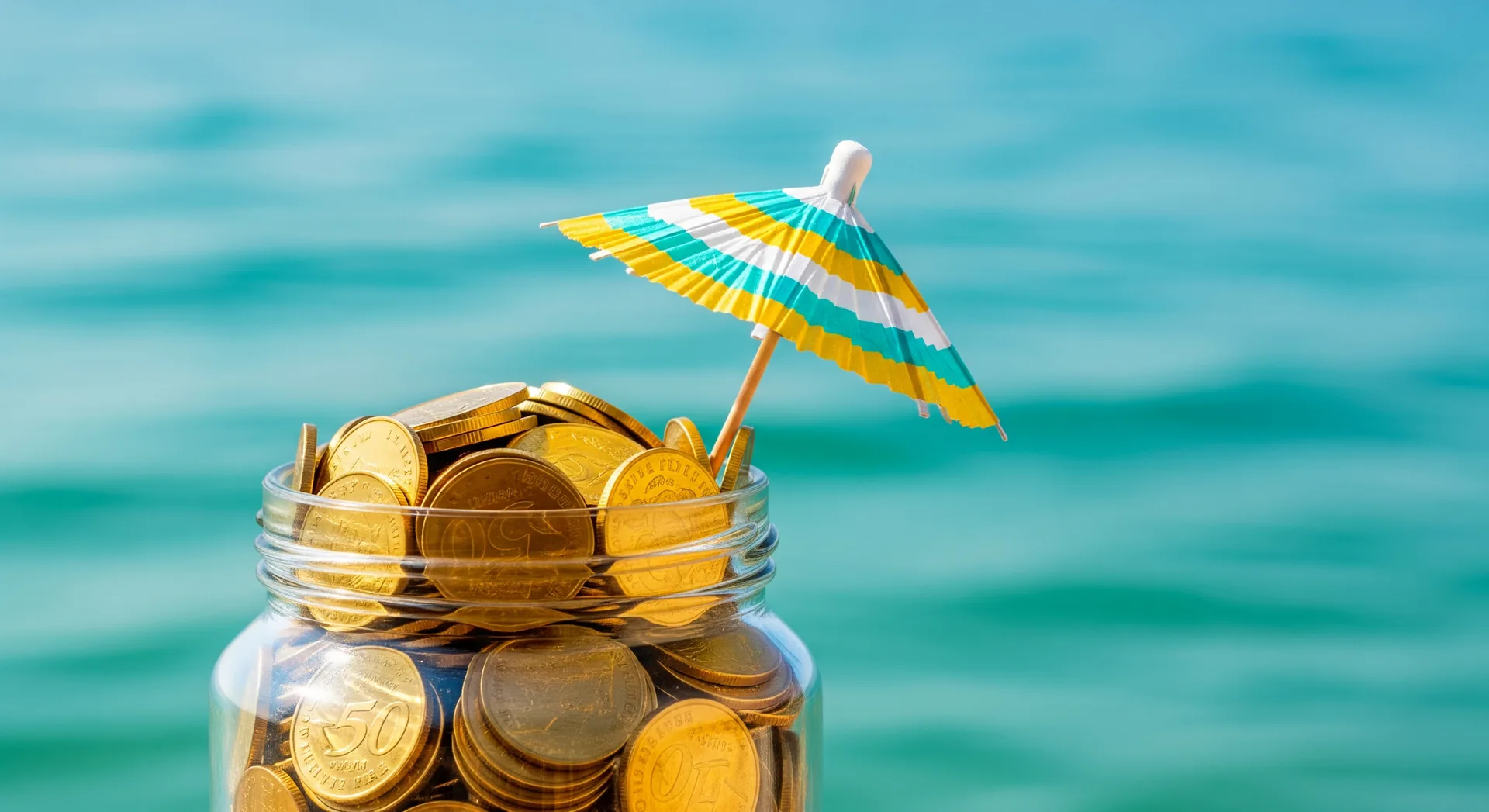 Glass jar full of gold coins with a tiny paper beach umbrella planted in it, turquoise sea behind