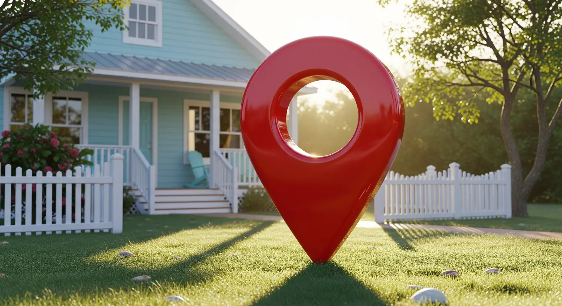 Giant red map pin planted on the lawn of a pastel beach house — vacation rental SEO puts your property on the map