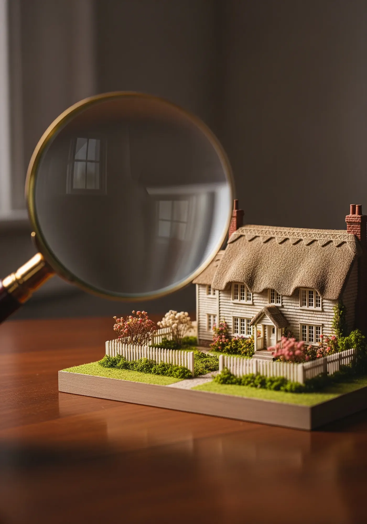 Magnifying glass examining a miniature coastal cottage model — every ranking signal on your site inspected