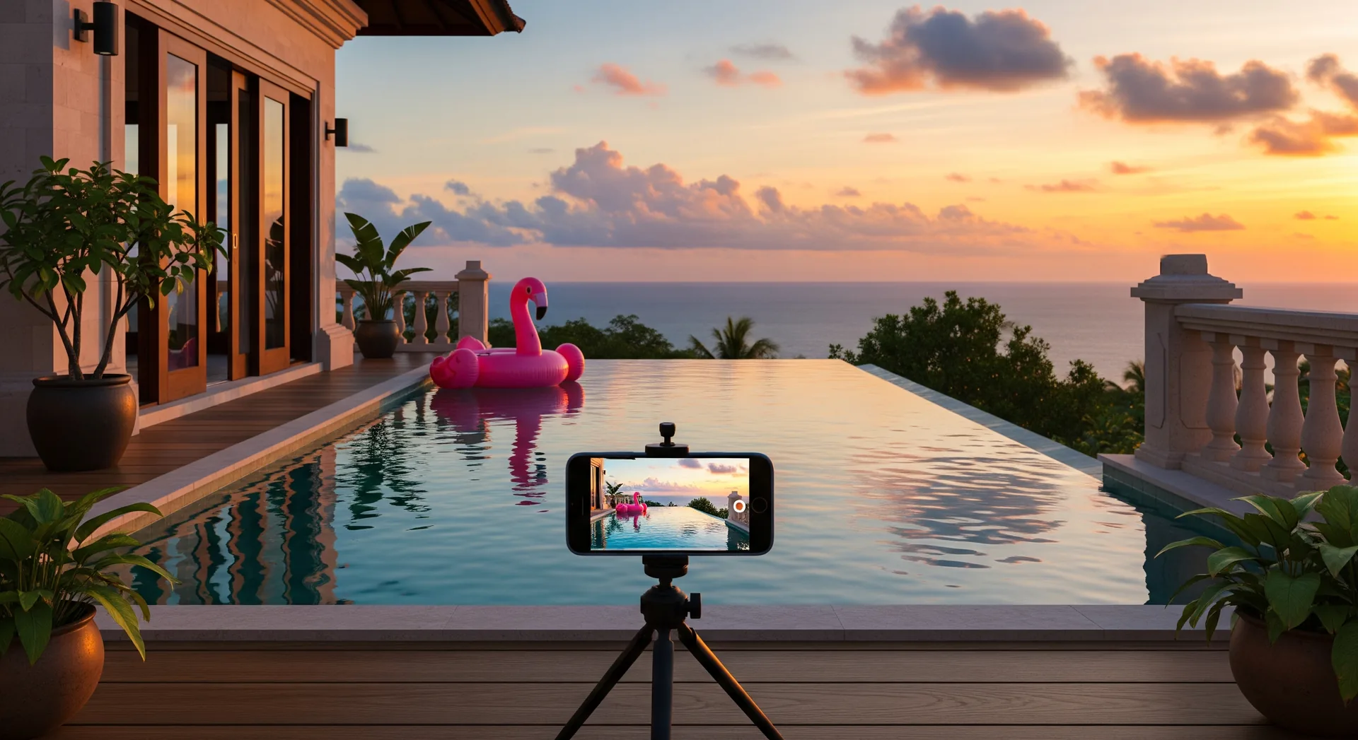 Smartphone on a tripod filming a villa infinity pool at sunset — social media content production for vacation rentals