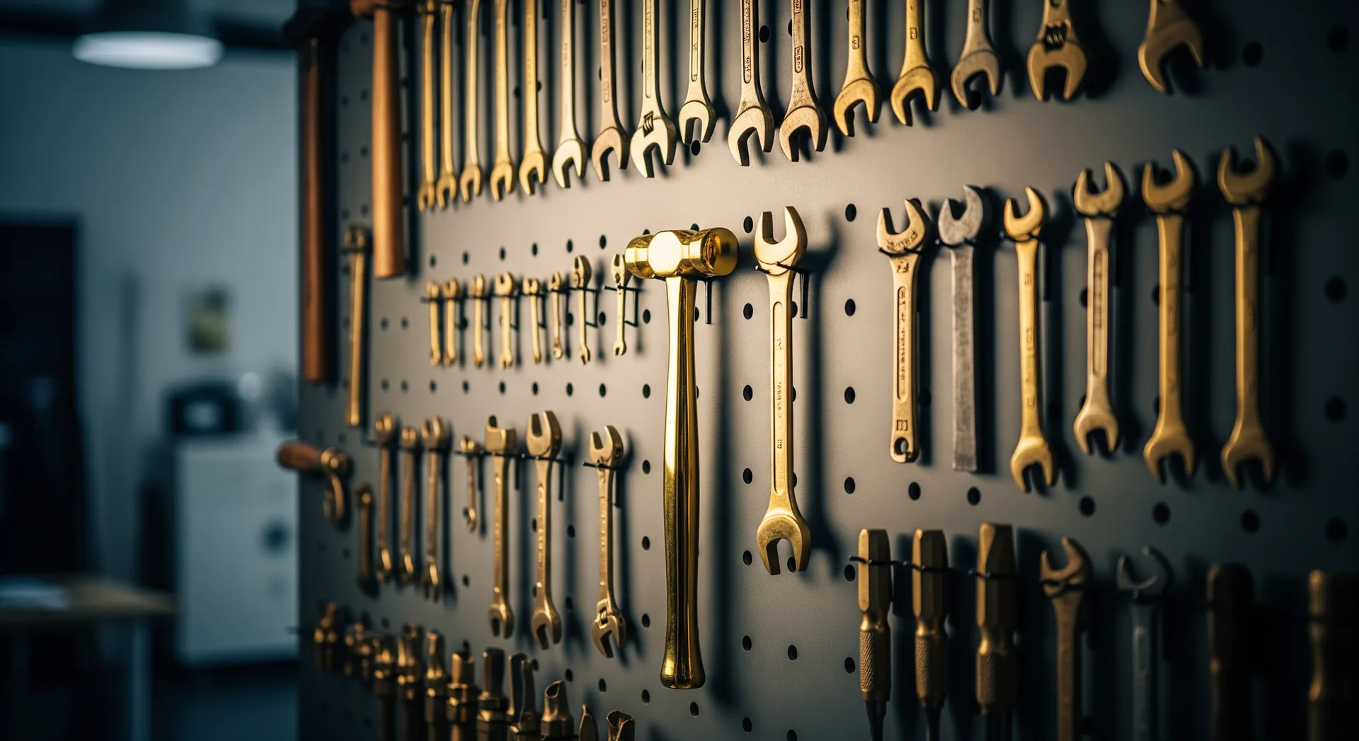 Pegboard wall of antique brass hand tools arranged in a neat grid, one tool polished to gold