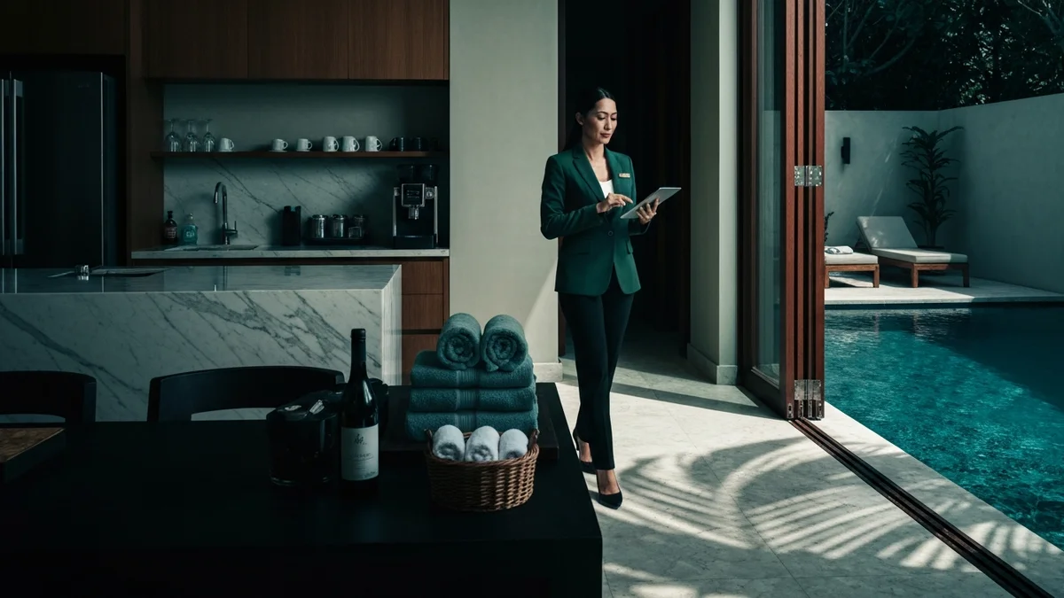 Host walking through a luxury villa with a tablet, completing the amenity audit
