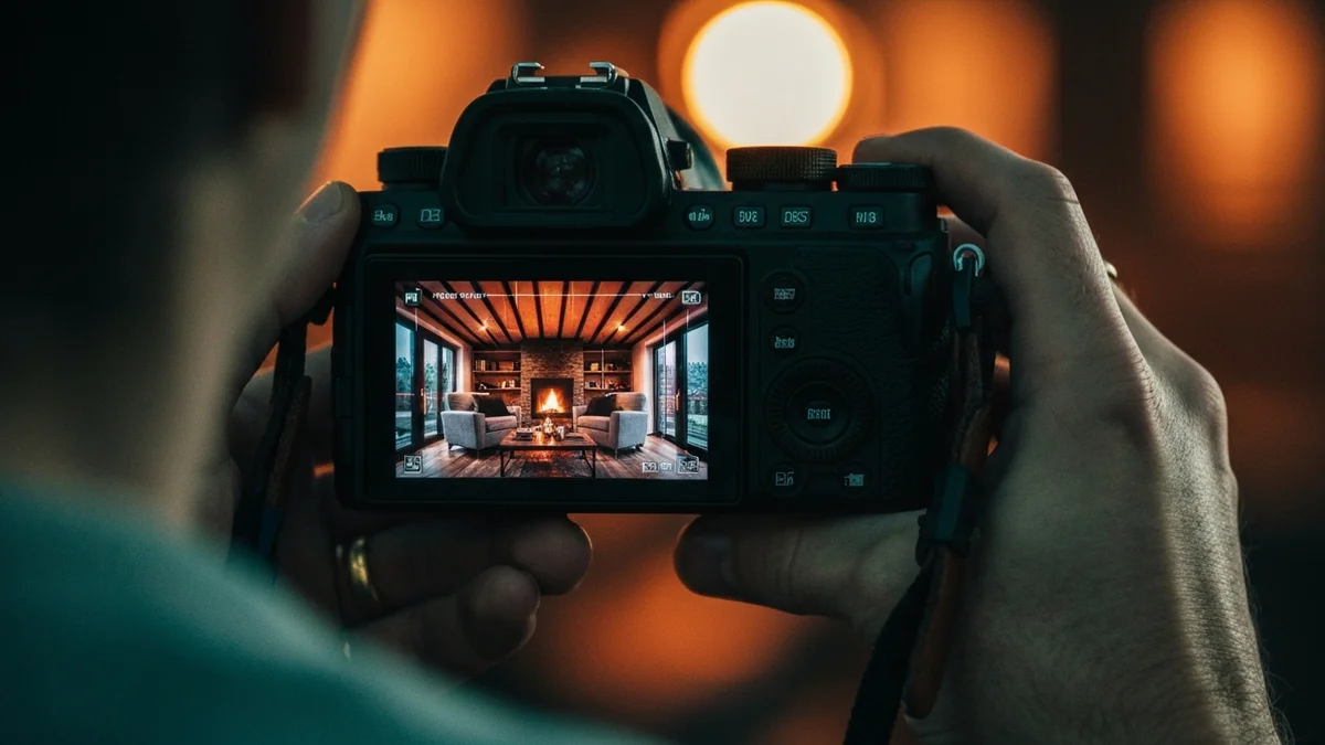 Close-up of a photographer capturing the hero shot of a luxury living room