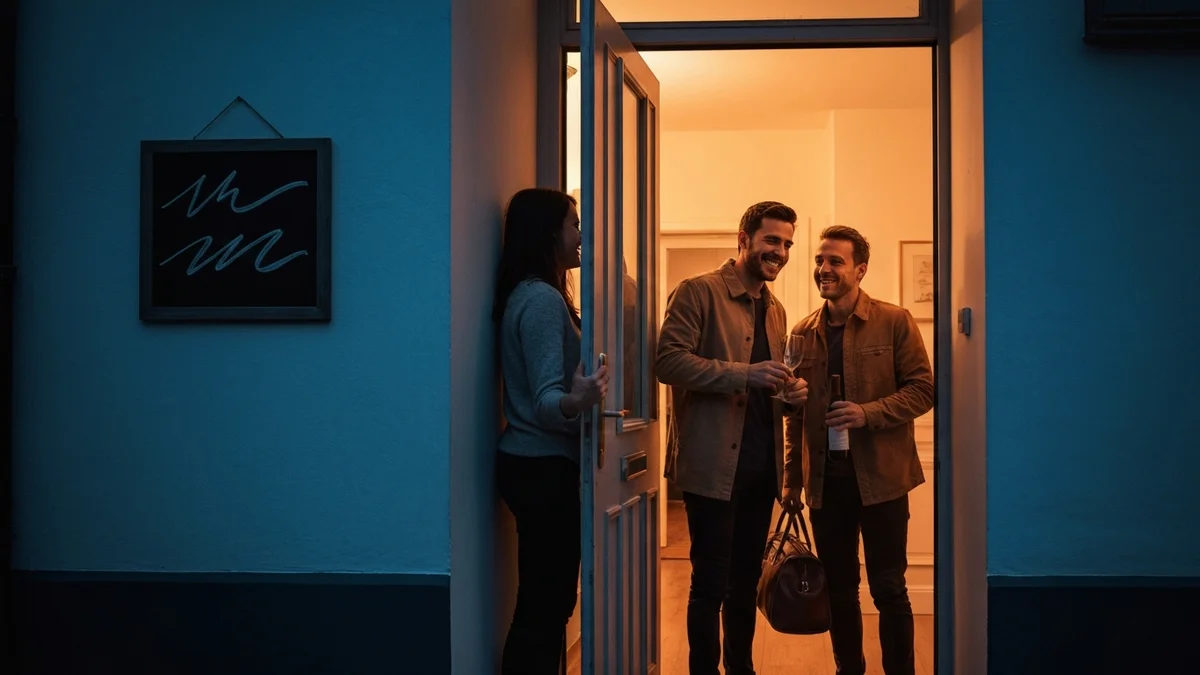Host welcoming their first friends-and-family guests at blue hour
