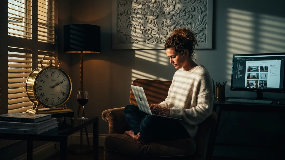 Host editing a listing in a beautiful boutique apartment late afternoon
