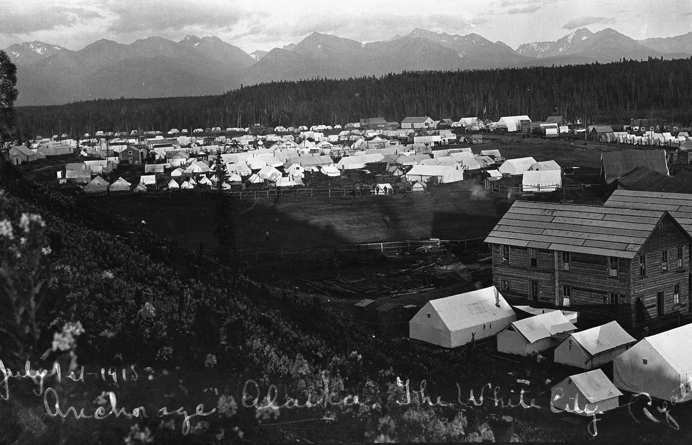Panorama of the Ship Creek tent city in July 1915, the railroad camp that became Anchorage after the government townsite auction