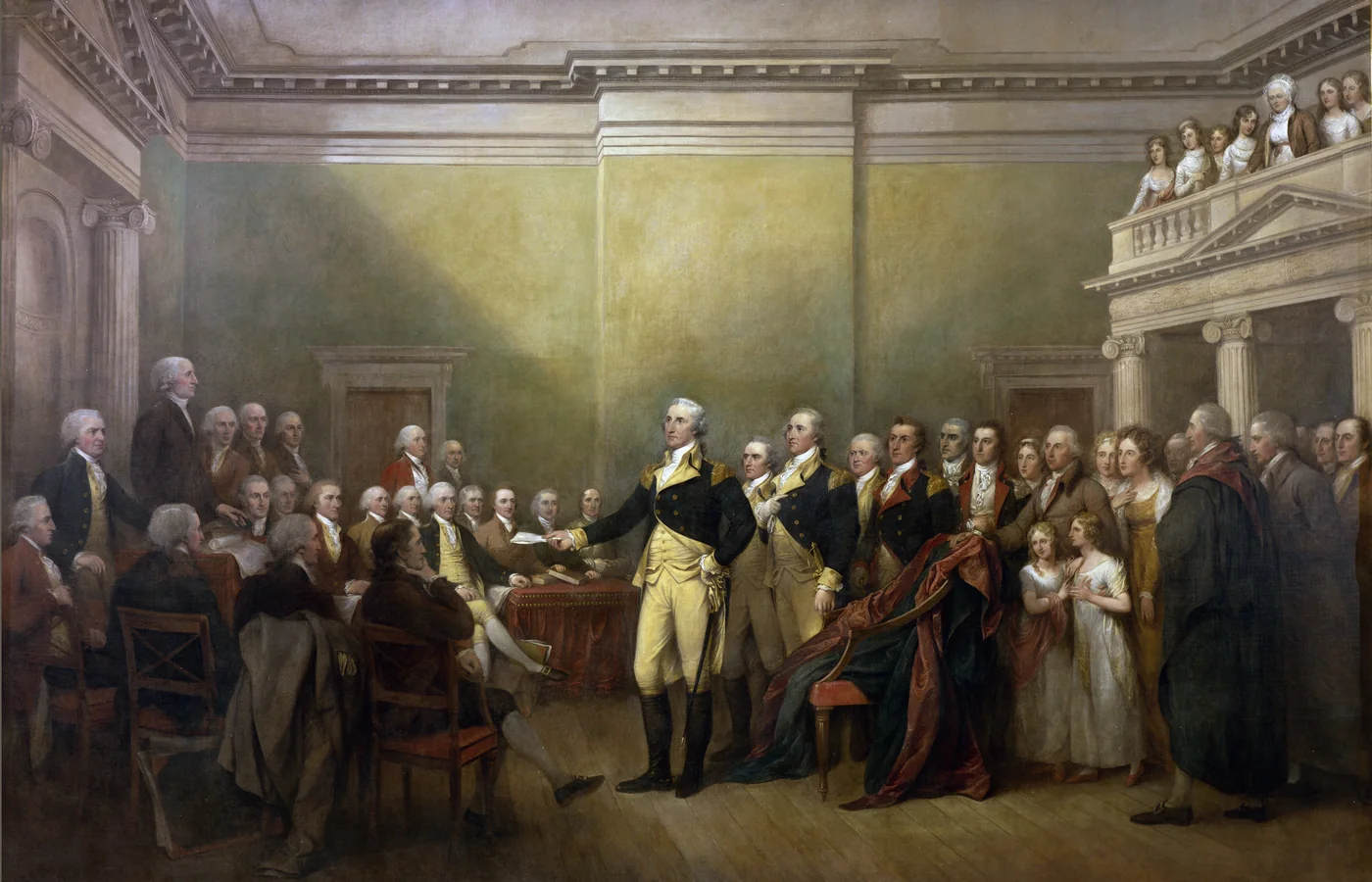 John Trumbull's painting of General George Washington resigning his commission in the Maryland State House at Annapolis in December 1783