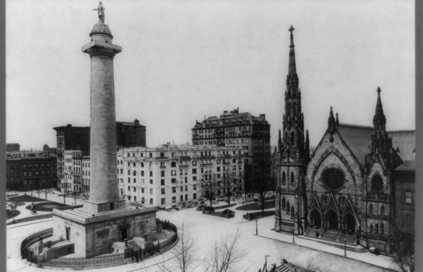 The Washington Monument and Mount Vernon Place in Baltimore in a Library of Congress period photograph