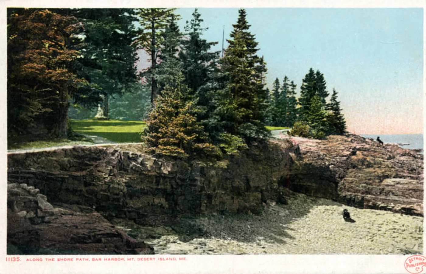 Vintage postcard of the Shore Path along the waterfront at Bar Harbor, Mount Desert Island