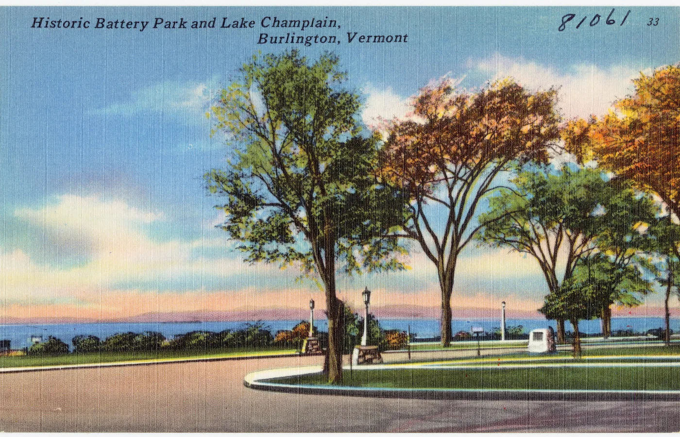 Vintage postcard of Battery Park overlooking Lake Champlain in Burlington, Vermont