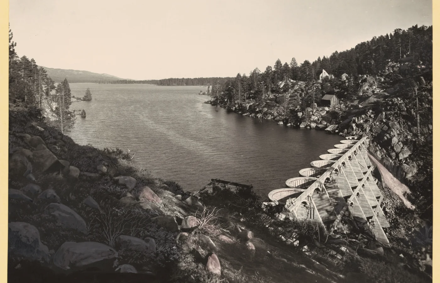 Historic photograph of Big Bear Lake and its dam, the 1884 reservoir that created the lake and the resort town around it