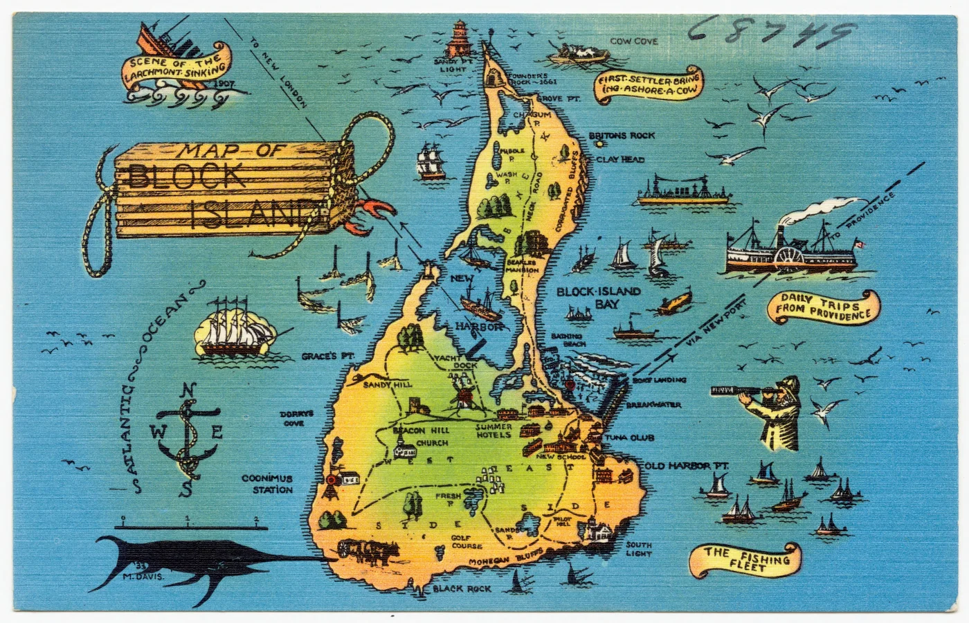 Postcard map of Block Island advertising daily boat trips from Providence and the island's fishing fleet
